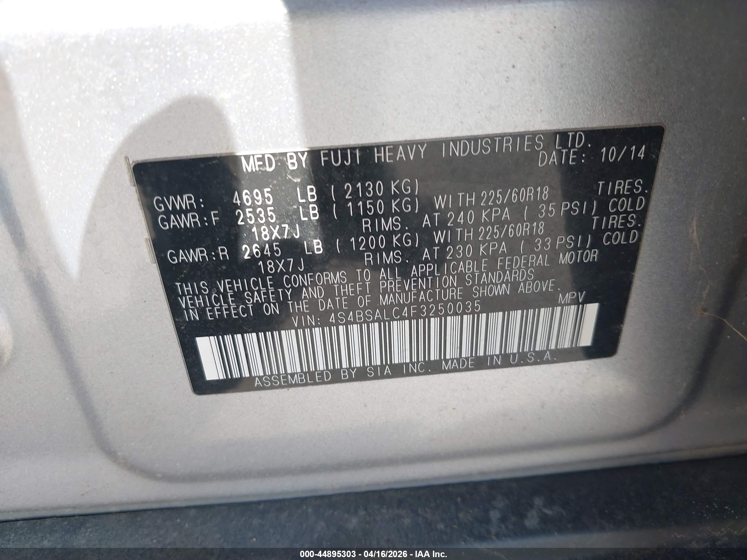 2015 Subaru Outback 2.5i Limited Silver vin: 4S4BSALC4F3250035