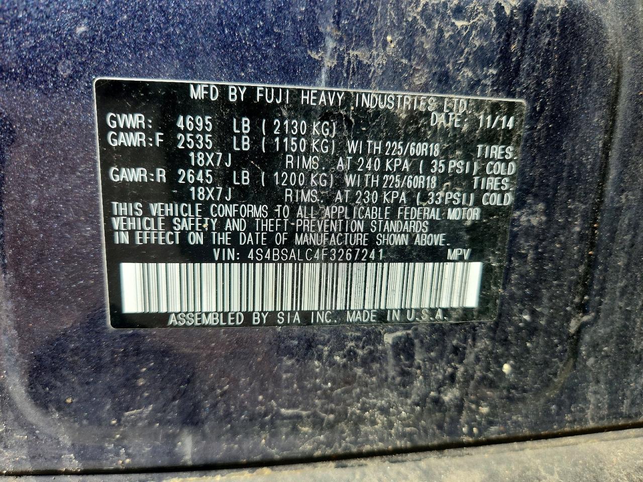 2015 Subaru Outback 2.5i Limited Gray vin: 4S4BSALC4F3267241