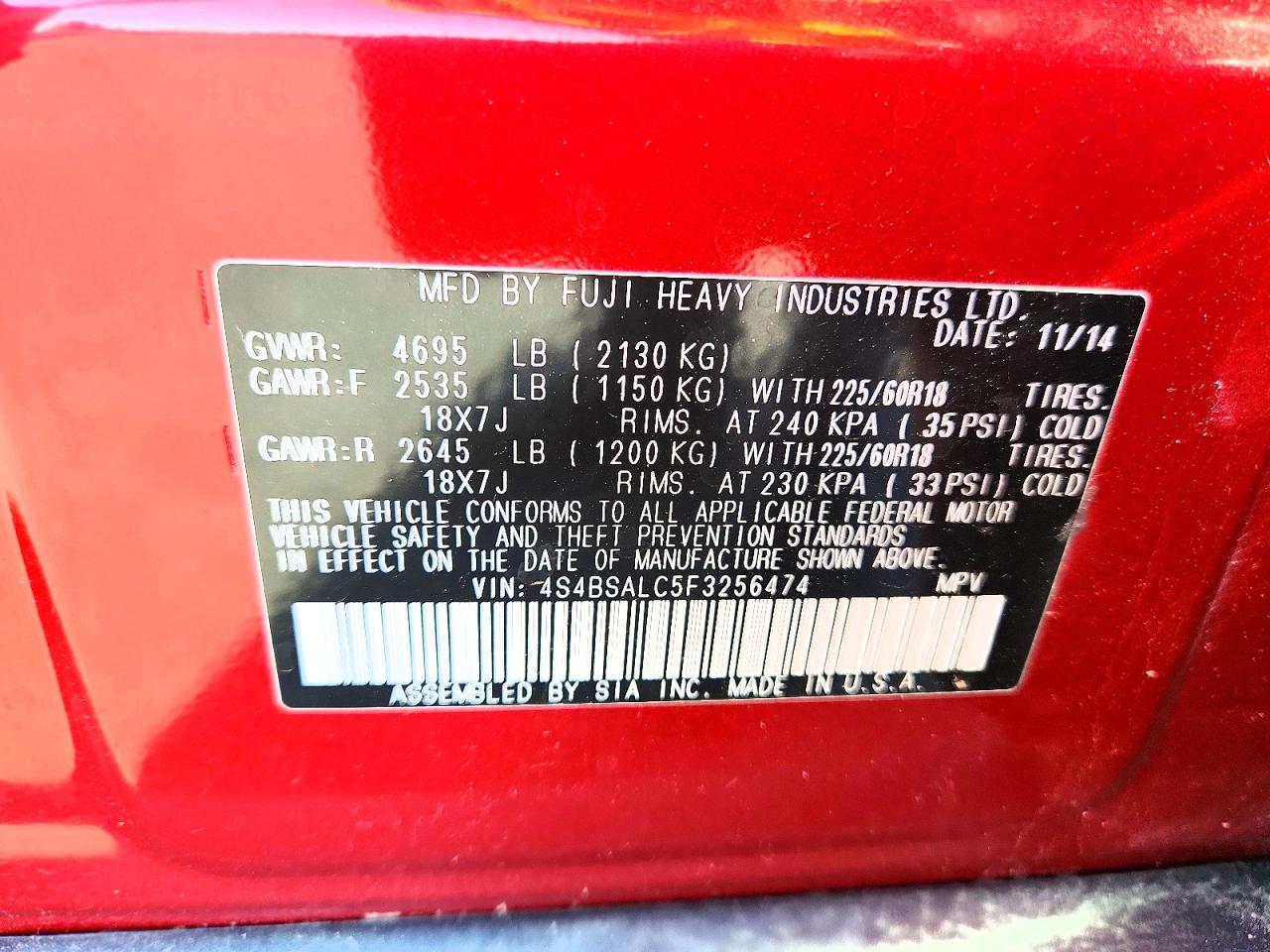 2015 Subaru Outback 2.5i Limited Red vin: 4S4BSALC5F3256474