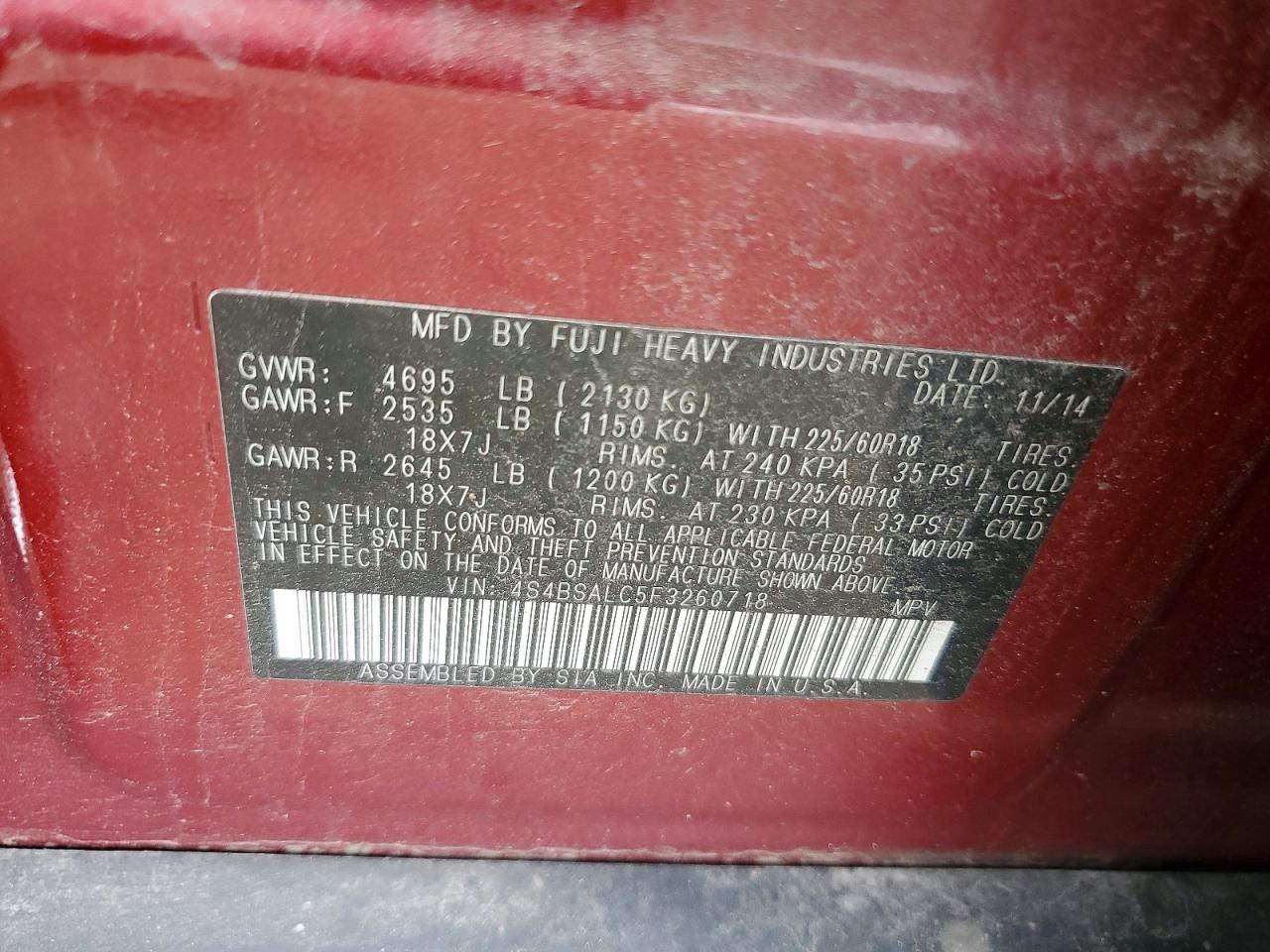 2015 Subaru Outback 2.5i Limited Красный vin: 4S4BSALC5F3260718
