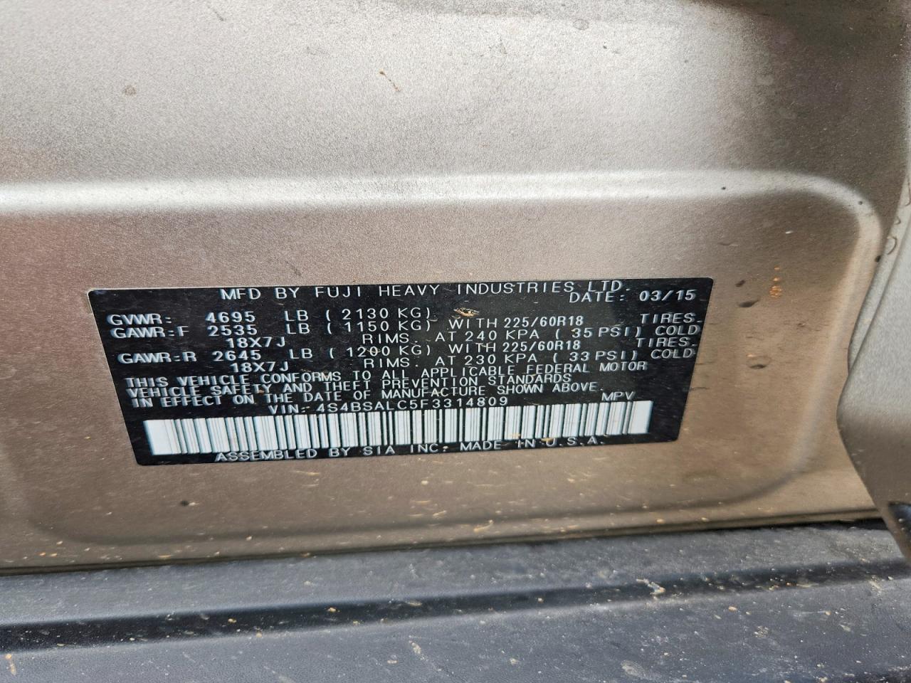 2015 Subaru Outback 2.5i Limited Бежевый vin: 4S4BSALC5F3314809