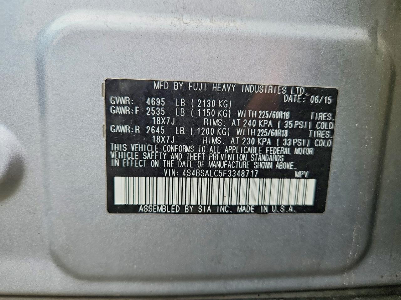 2015 Subaru Outback 2.5i Limited Blue vin: 4S4BSALC5F3348717