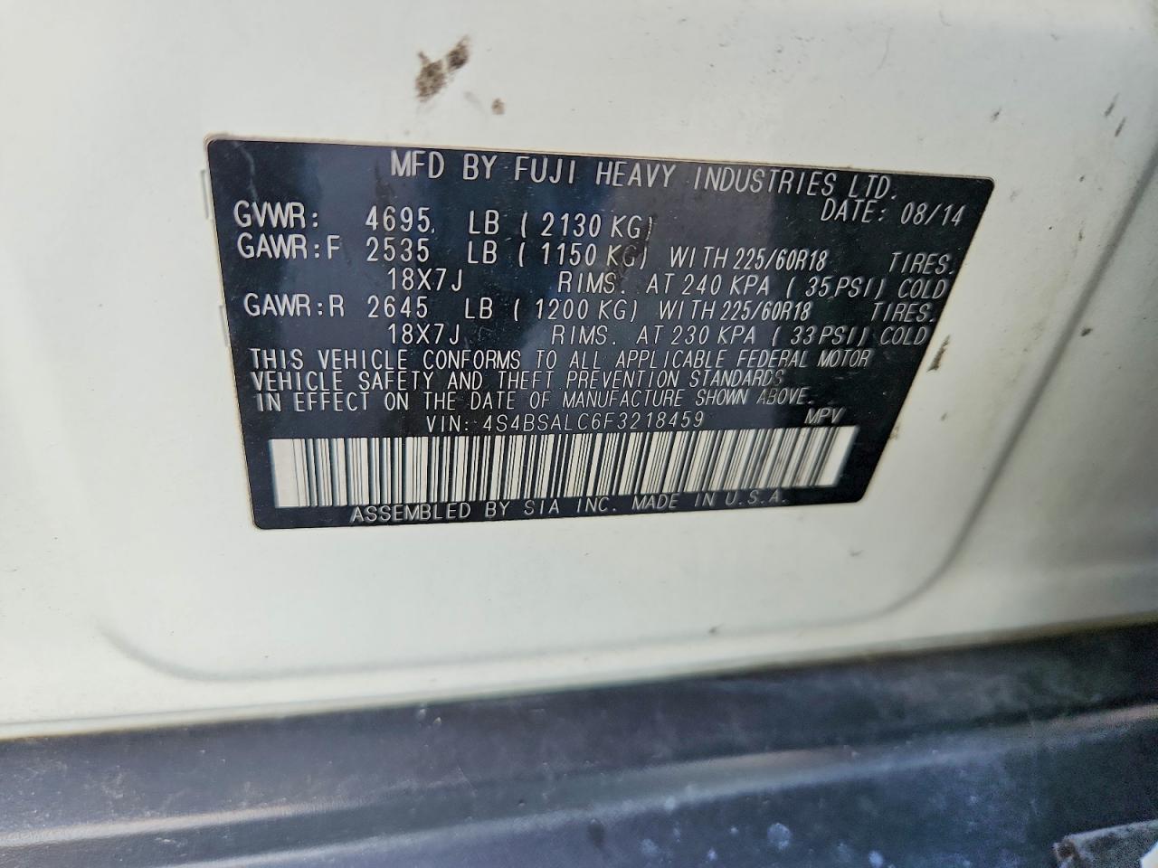 2015 Subaru Outback 2.5i Limited White vin: 4S4BSALC6F3218459