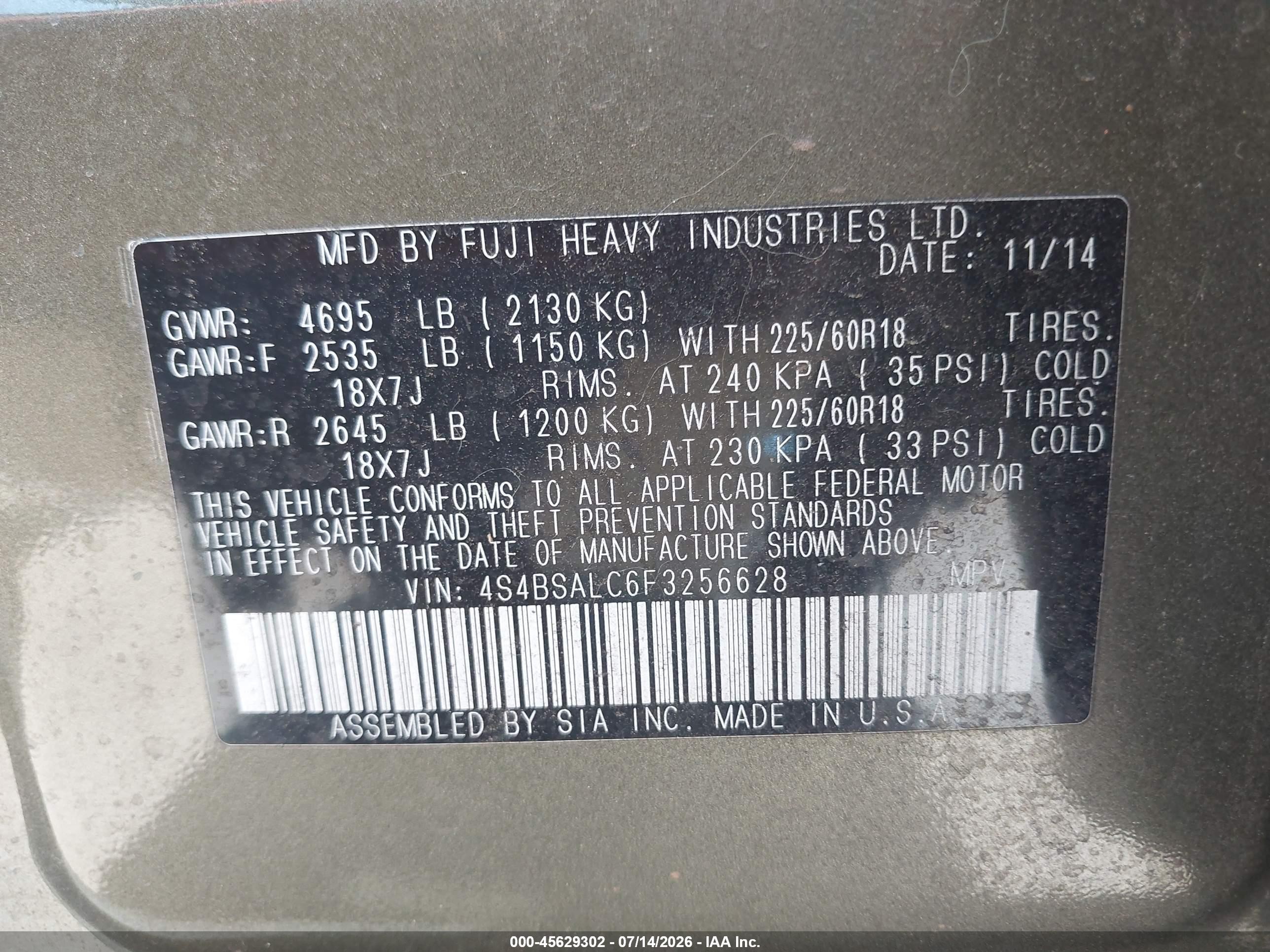 2015 Subaru Outback 2.5i Limited Green vin: 4S4BSALC6F3256628