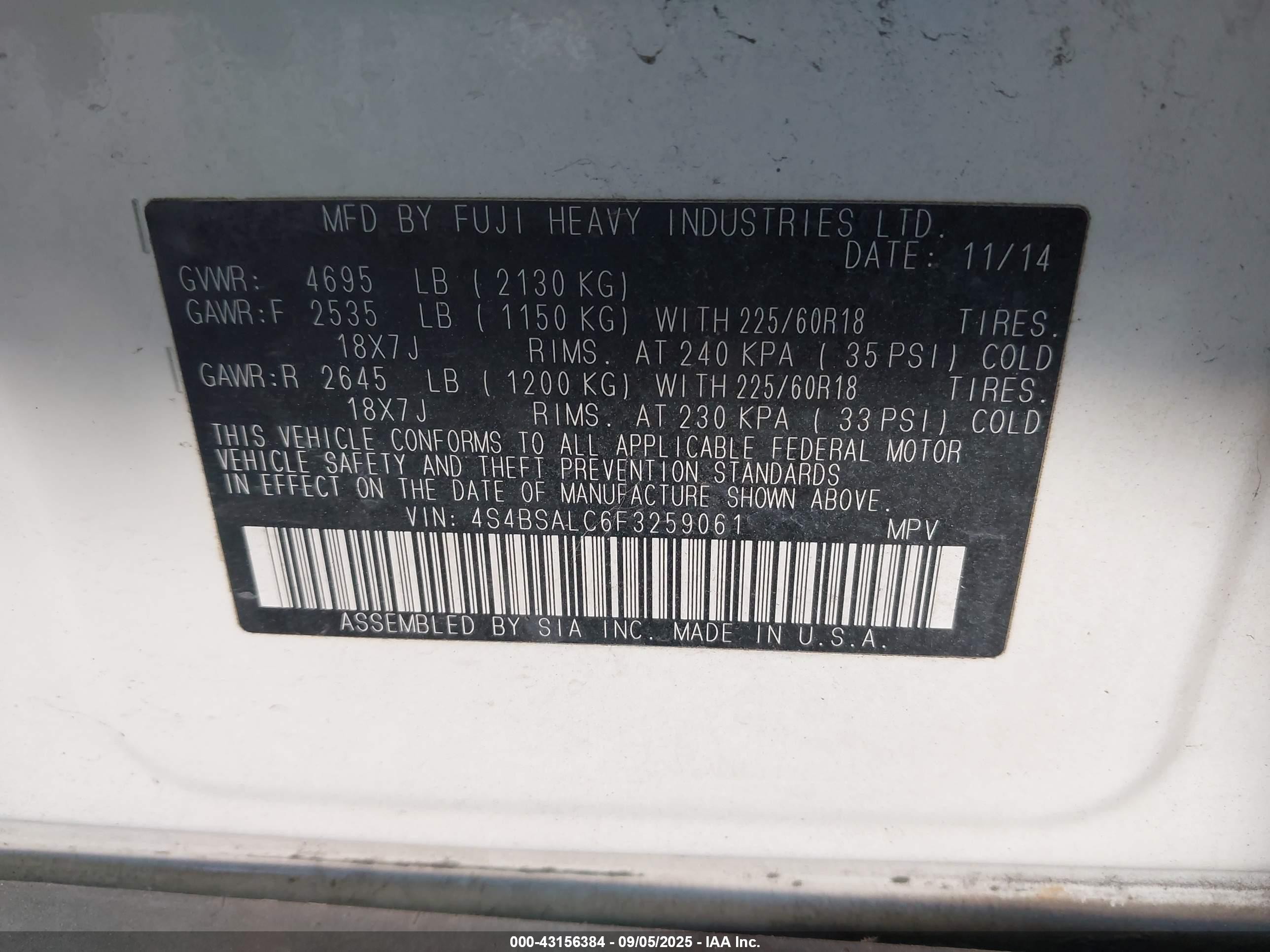2015 Subaru Outback 2.5i Limited Белый vin: 4S4BSALC6F3259061