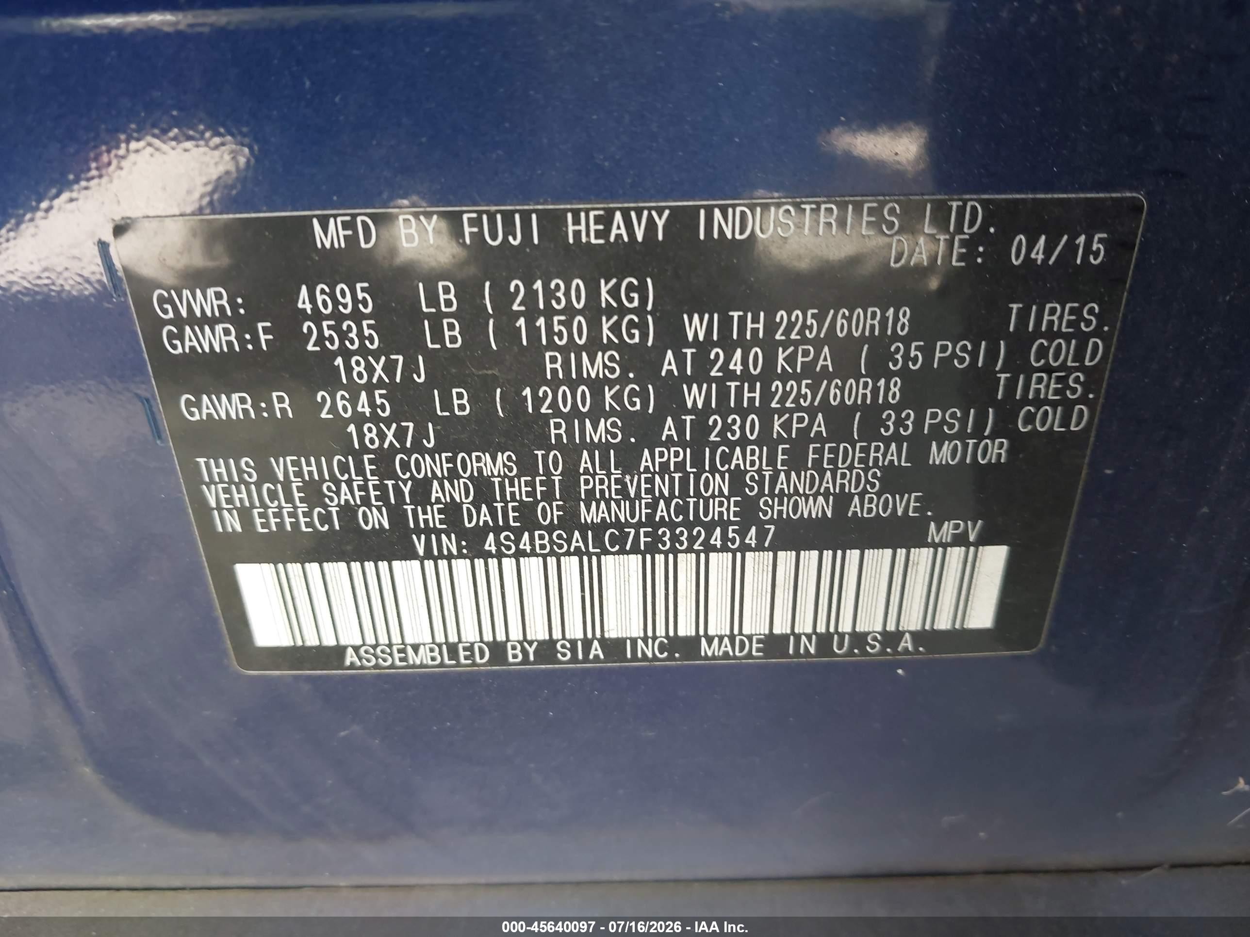 2015 Subaru Outback 2.5i Limited Blue vin: 4S4BSALC7F3324547