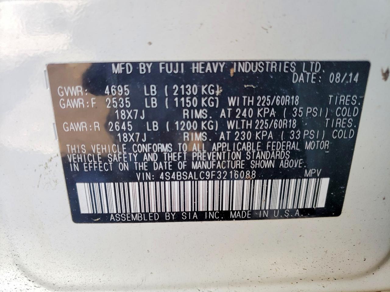 2015 Subaru Outback 2.5i Limited Белый vin: 4S4BSALC9F3216088
