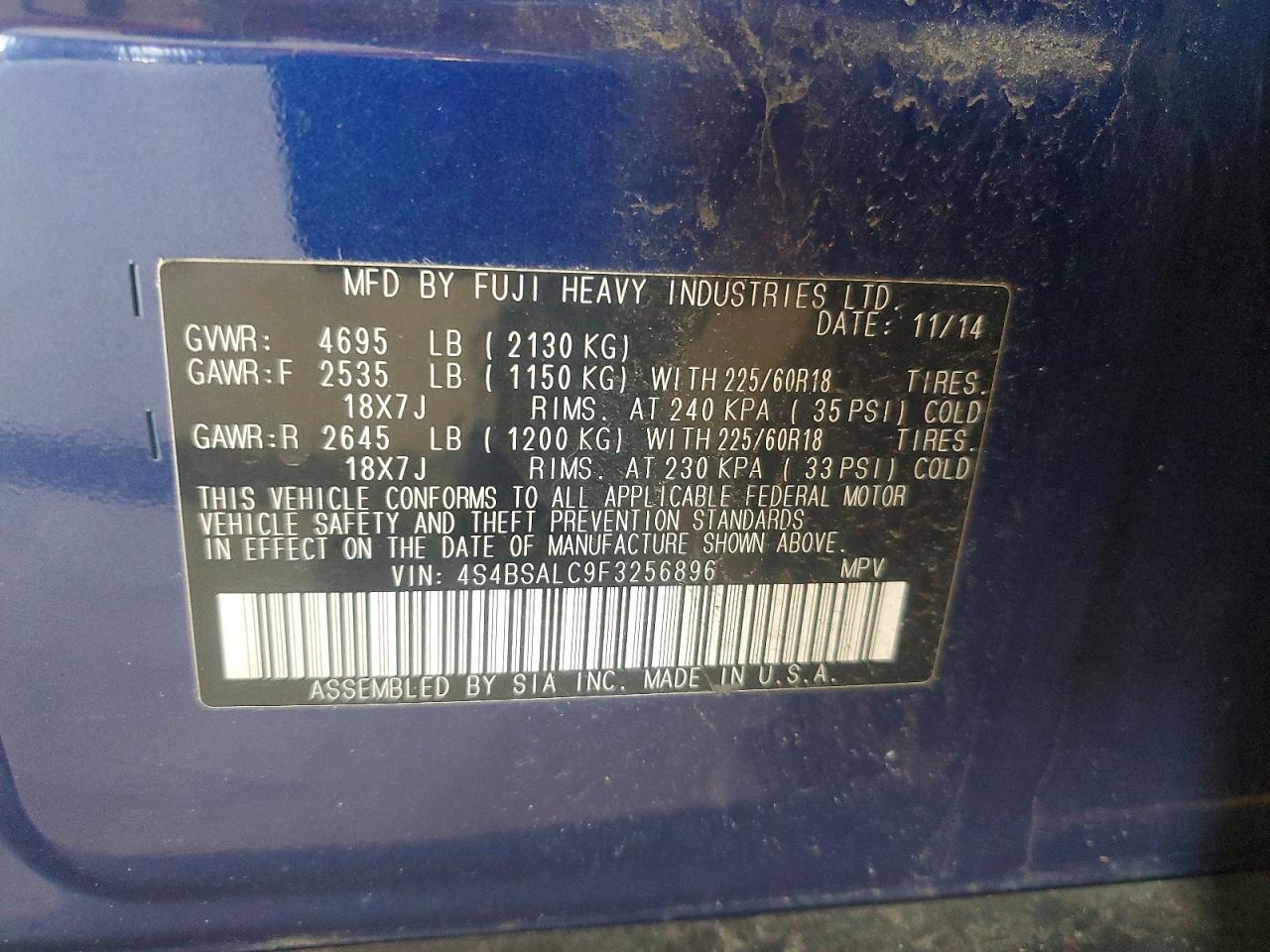2015 Subaru Outback 2.5i Limited Blue vin: 4S4BSALC9F3256896