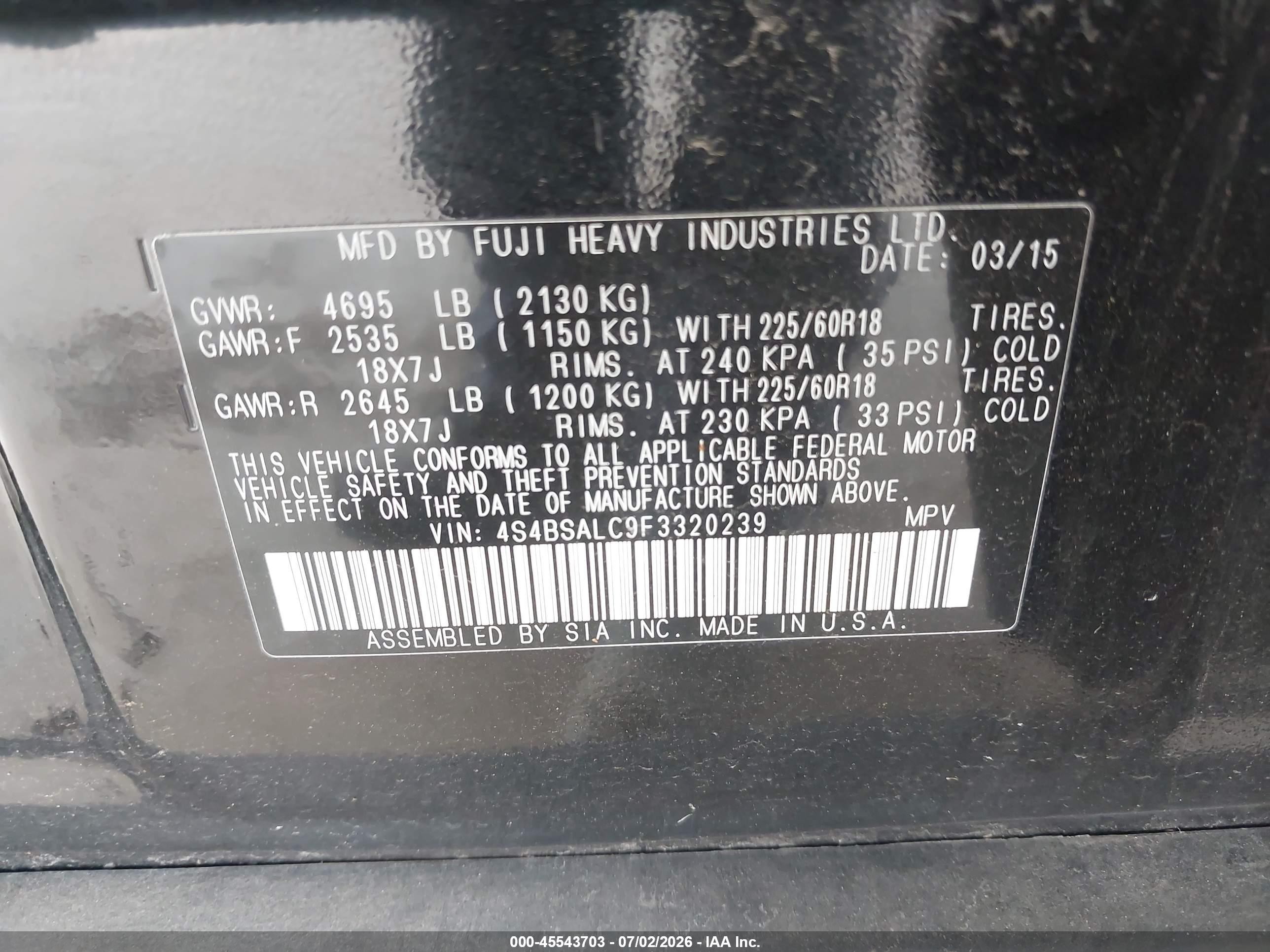 2015 Subaru Outback 2.5i Limited Black vin: 4S4BSALC9F3320239