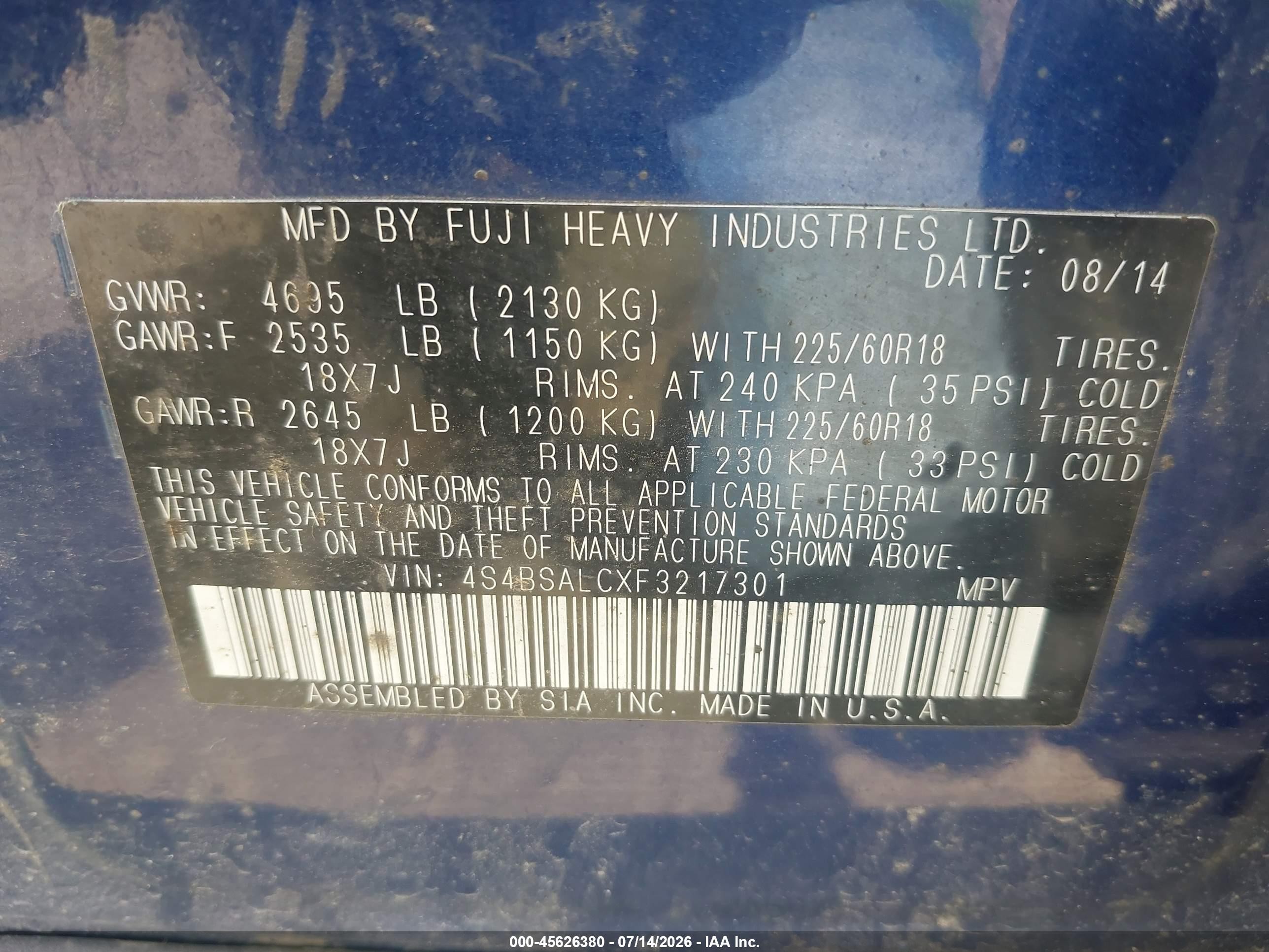2015 Subaru Outback 2.5i Limited Blue vin: 4S4BSALCXF3217301