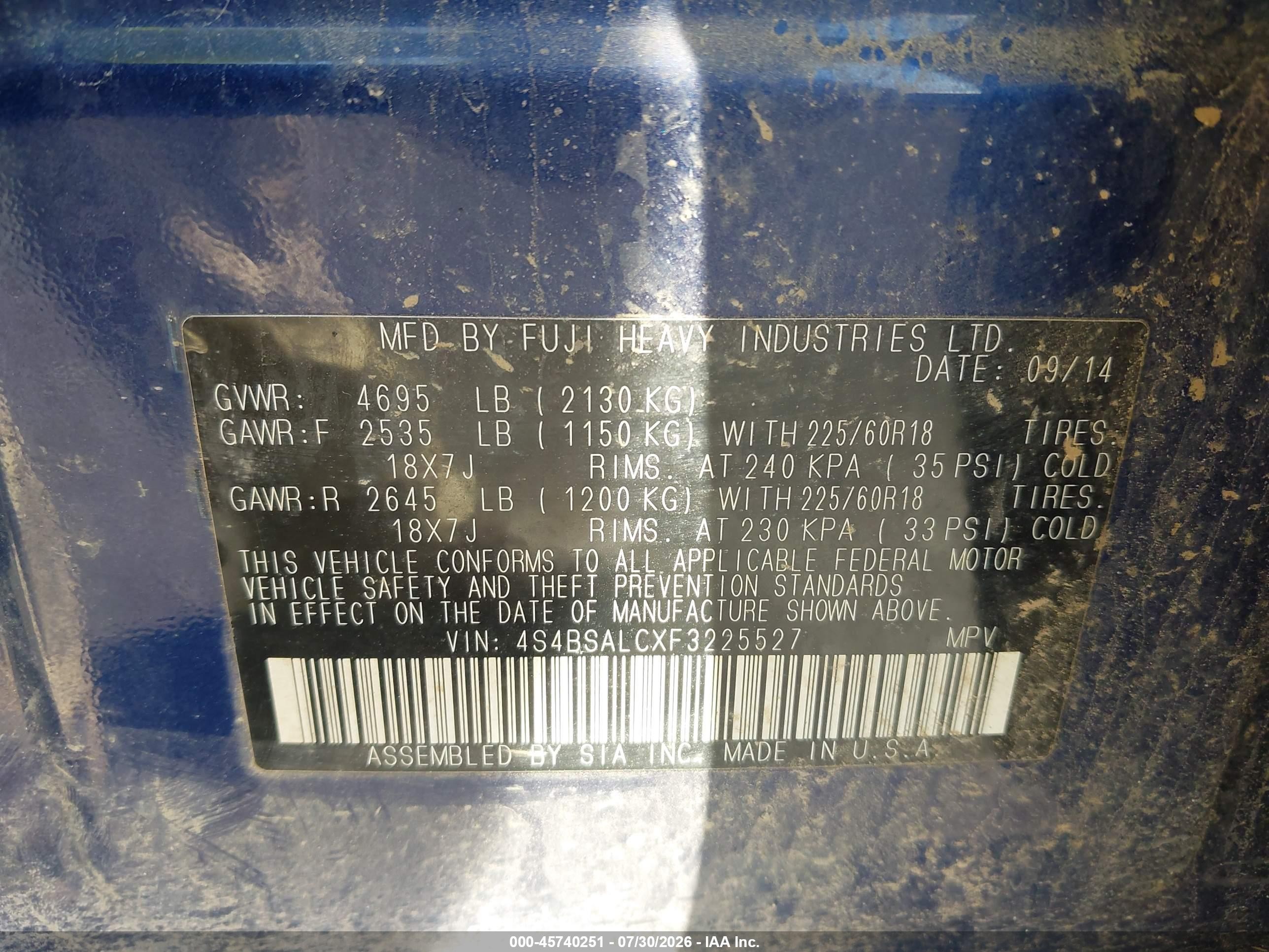 2015 Subaru Outback 2.5i Limited Blue vin: 4S4BSALCXF3225527