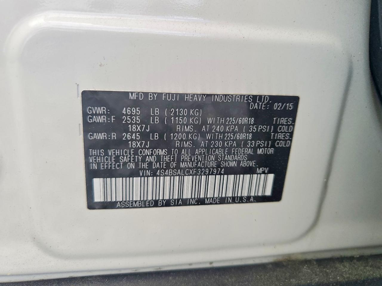 2015 Subaru Outback 2.5i Limited White vin: 4S4BSALCXF3297974