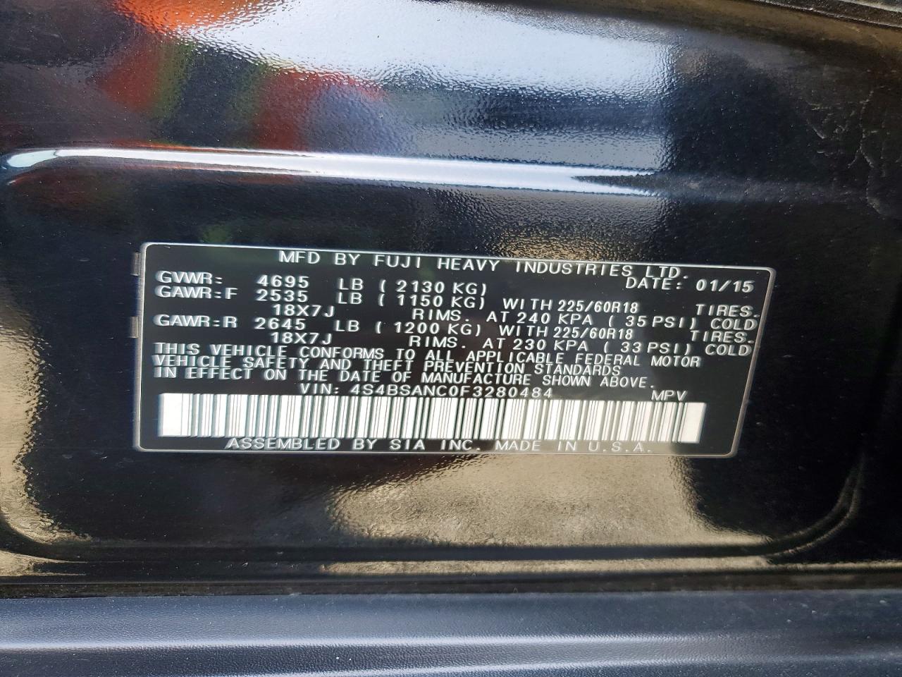 2015 Subaru Outback 2.5i Limited Black vin: 4S4BSANC0F3280484