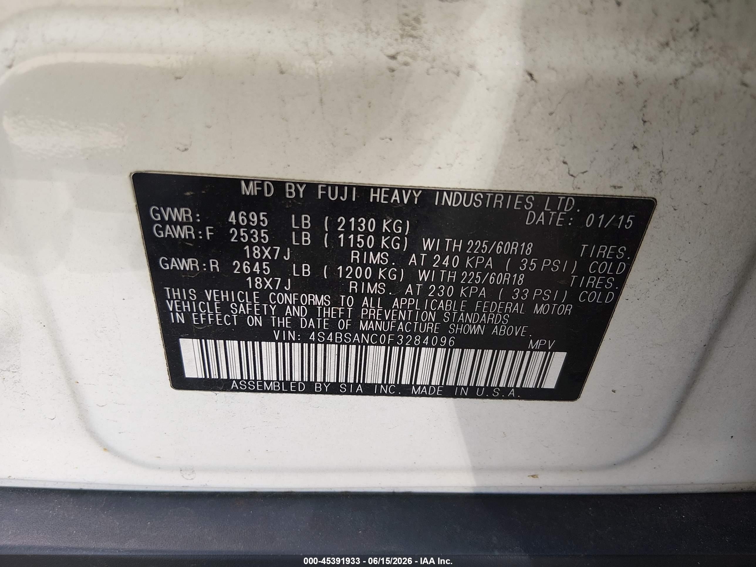 2015 Subaru Outback 2.5i Limited White vin: 4S4BSANC0F3284096