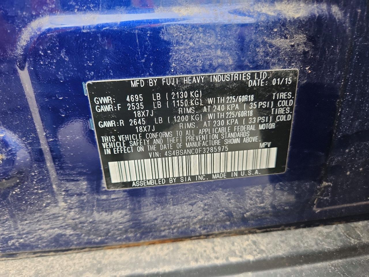 2015 Subaru Outback 2.5i Limited Blue vin: 4S4BSANC0F3285975