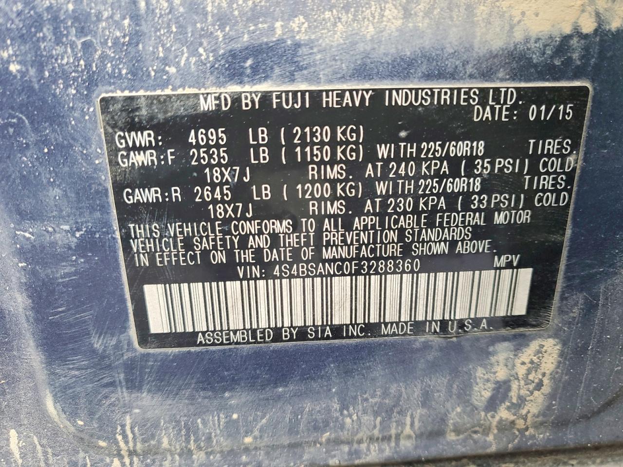 2015 Subaru Outback 2.5i Limited Blue vin: 4S4BSANC0F3288360