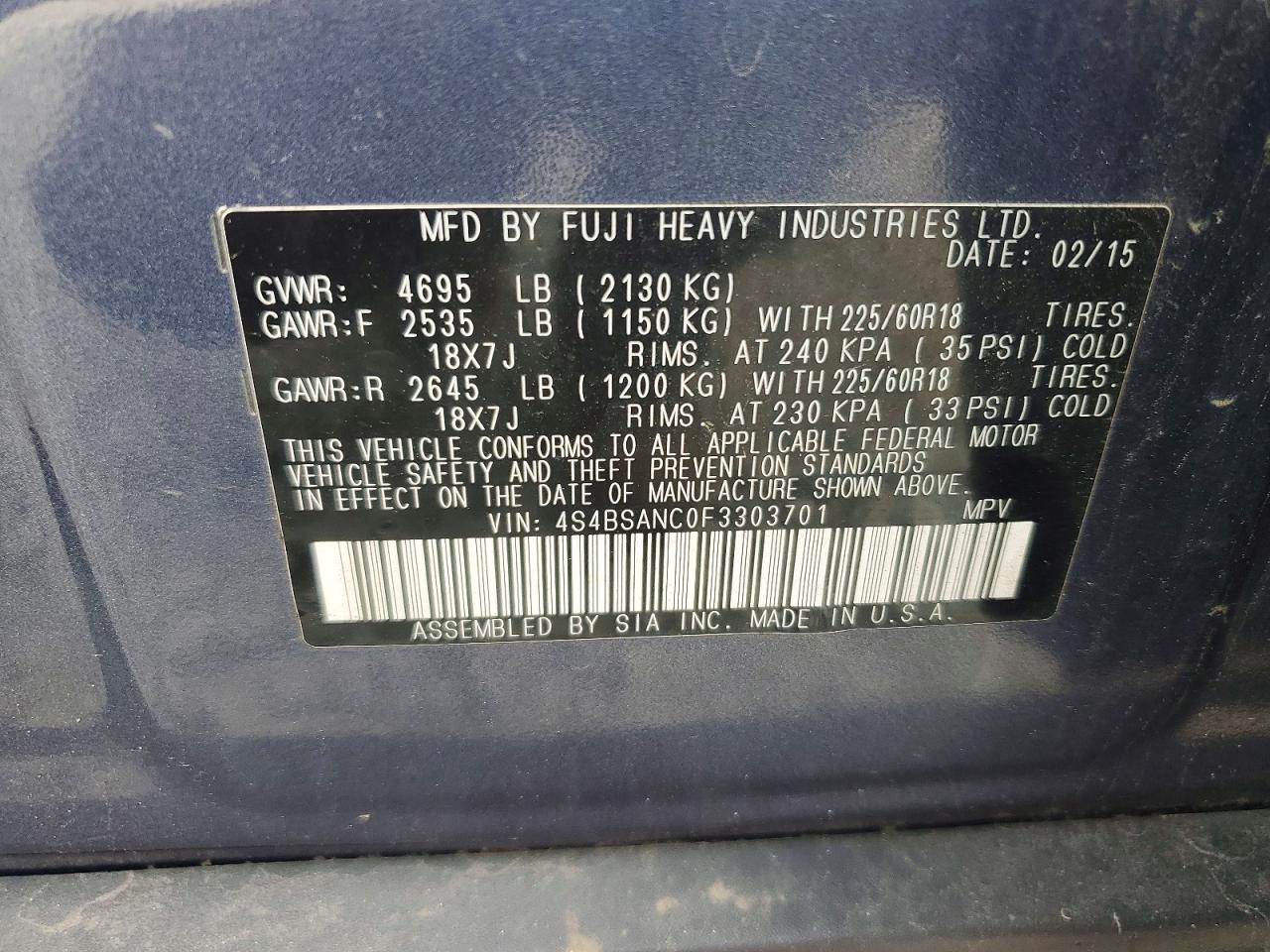 2015 Subaru Outback 2.5i Limited Blue vin: 4S4BSANC0F3303701