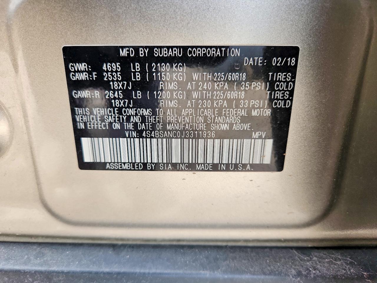 2018 Subaru Outback 2.5i Limited Beige vin: 4S4BSANC0J3311936
