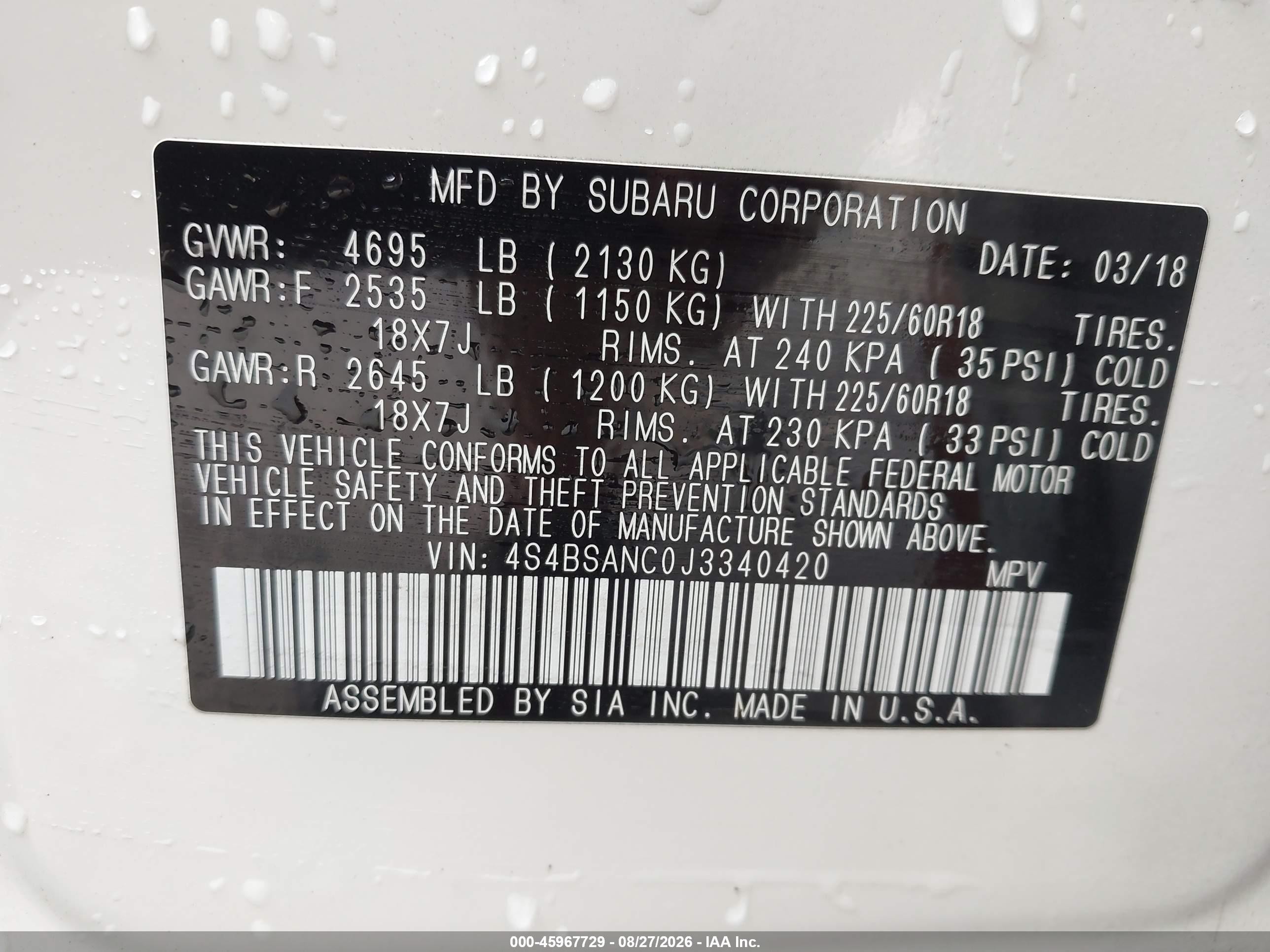 2018 Subaru Outback 2.5i Limited White vin: 4S4BSANC0J3340420