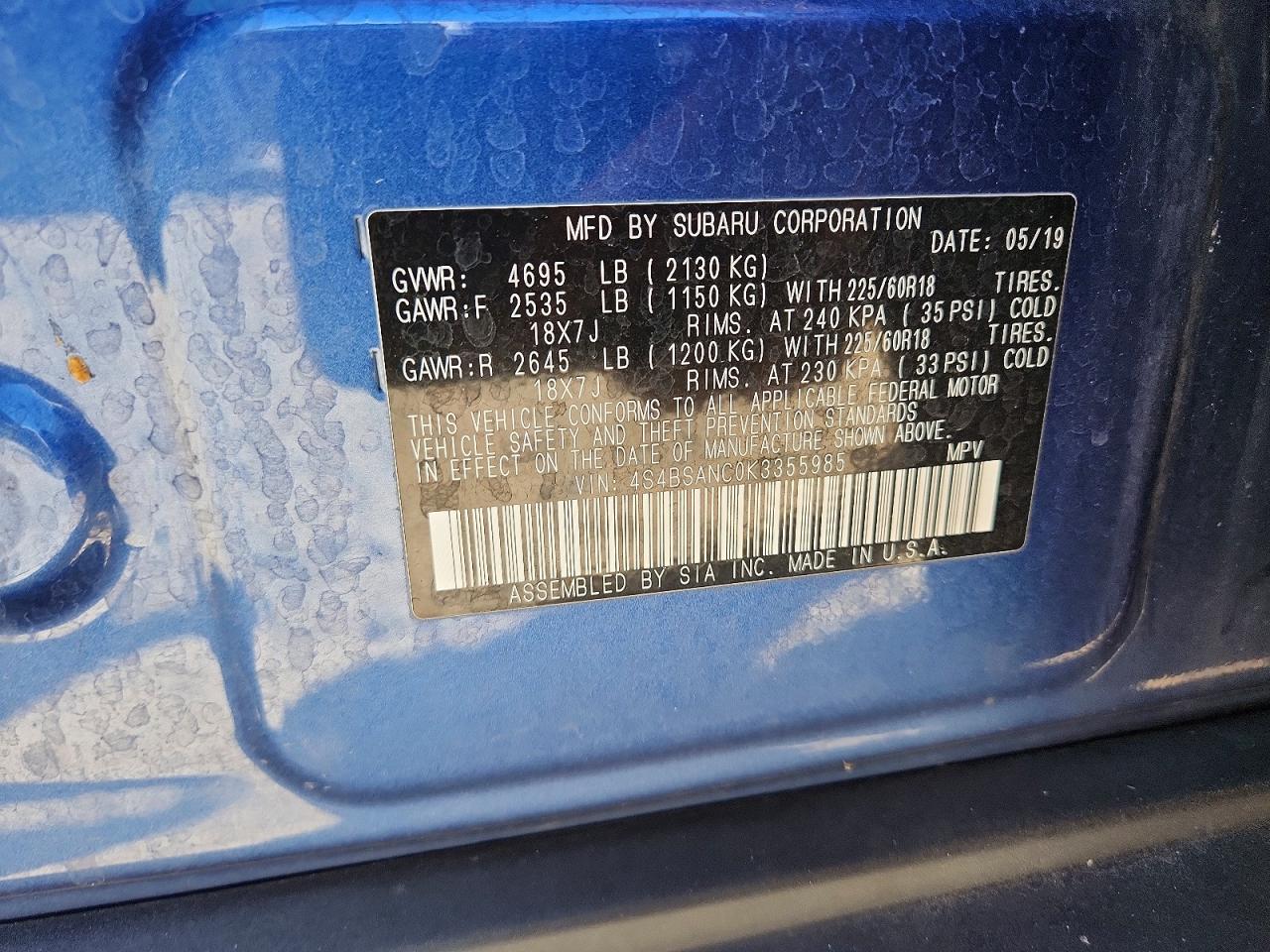 2019 Subaru Outback 2.5i Limited Blue vin: 4S4BSANC0K3355985
