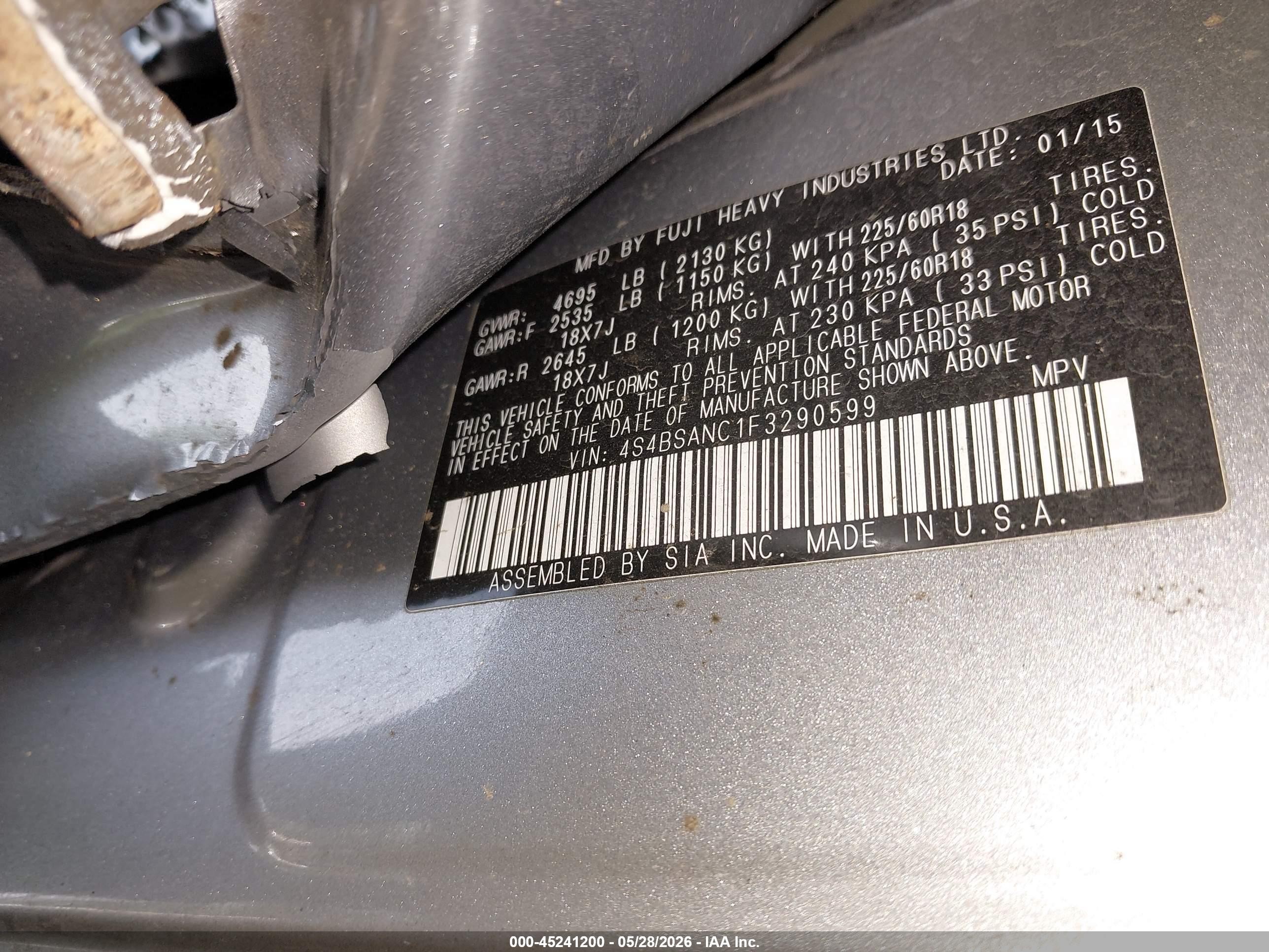 2015 Subaru Outback 2.5i Limited Gray vin: 4S4BSANC1F3290599