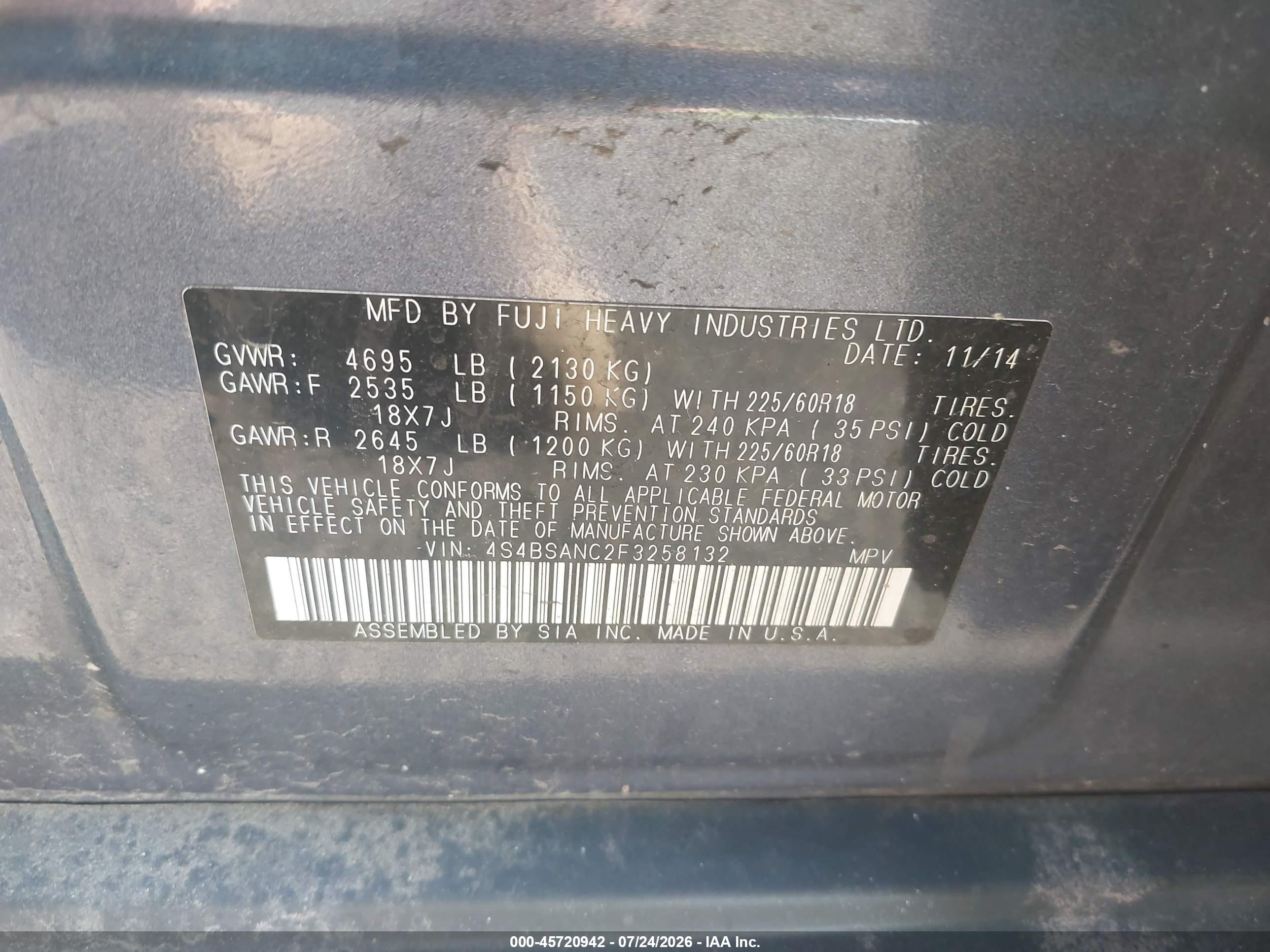 2015 Subaru Outback 2.5i Limited Blue vin: 4S4BSANC2F3258132
