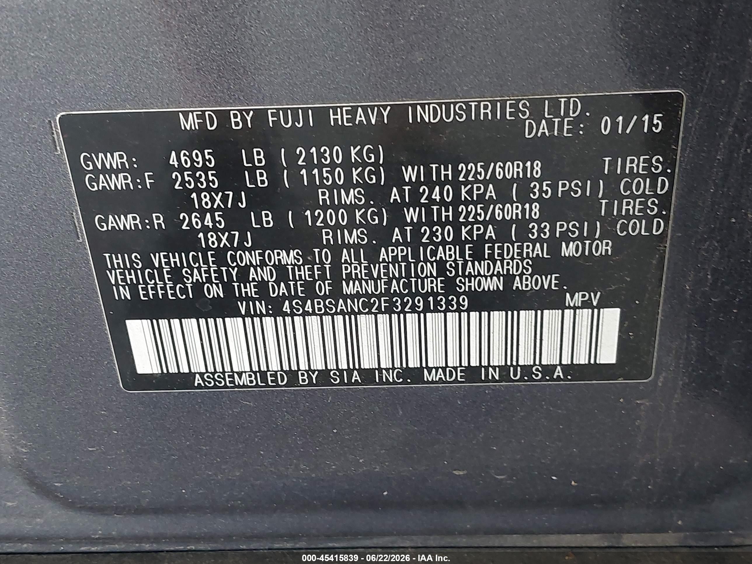 2015 Subaru Outback 2.5i Limited Gray vin: 4S4BSANC2F3291339