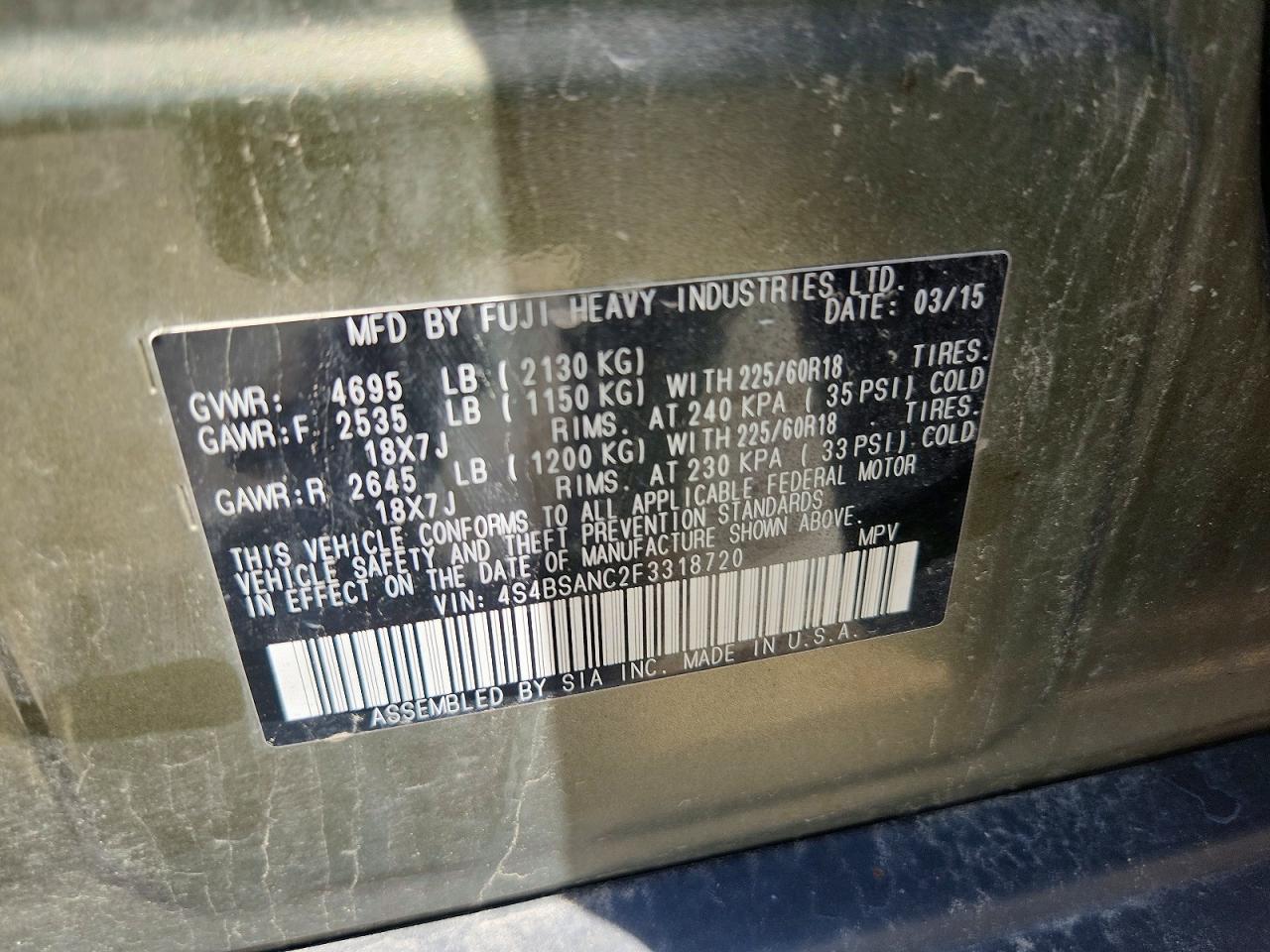 2015 Subaru Outback 2.5i Limited Зеленый vin: 4S4BSANC2F3318720