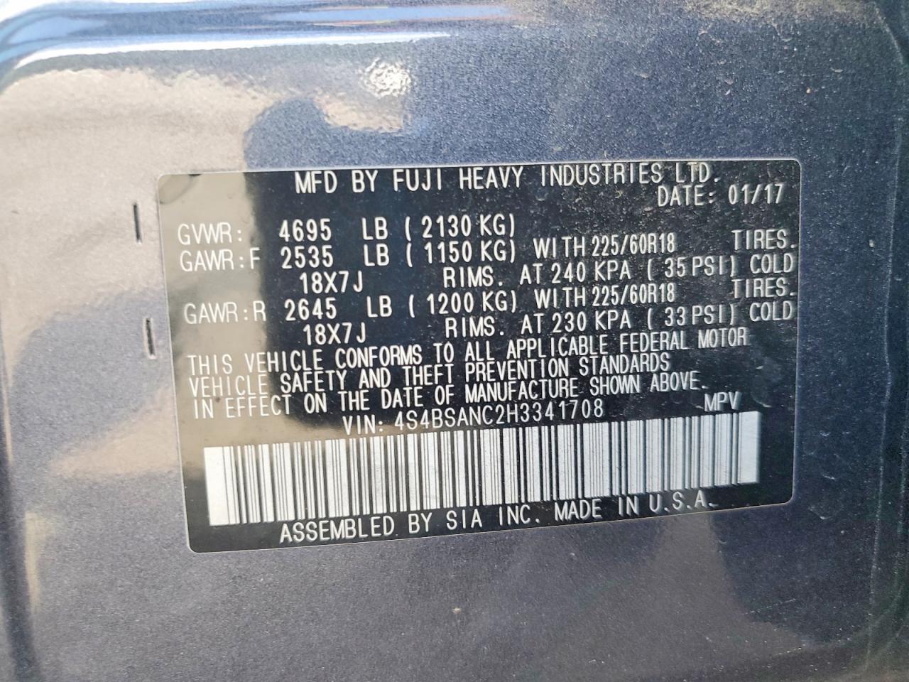 2017 Subaru Outback 2.5i Limited Gray vin: 4S4BSANC2H3341708