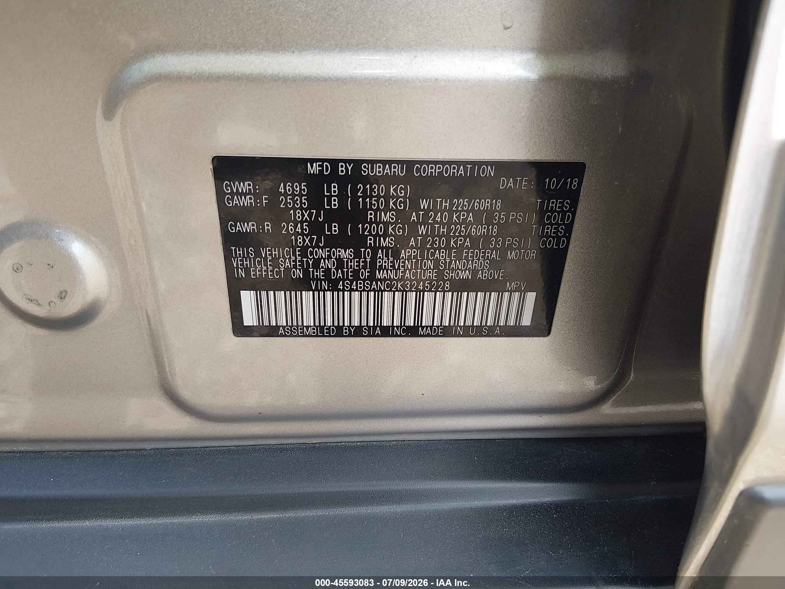 2019 Subaru Outback 2.5i Limited Gray vin: 4S4BSANC2K3245228