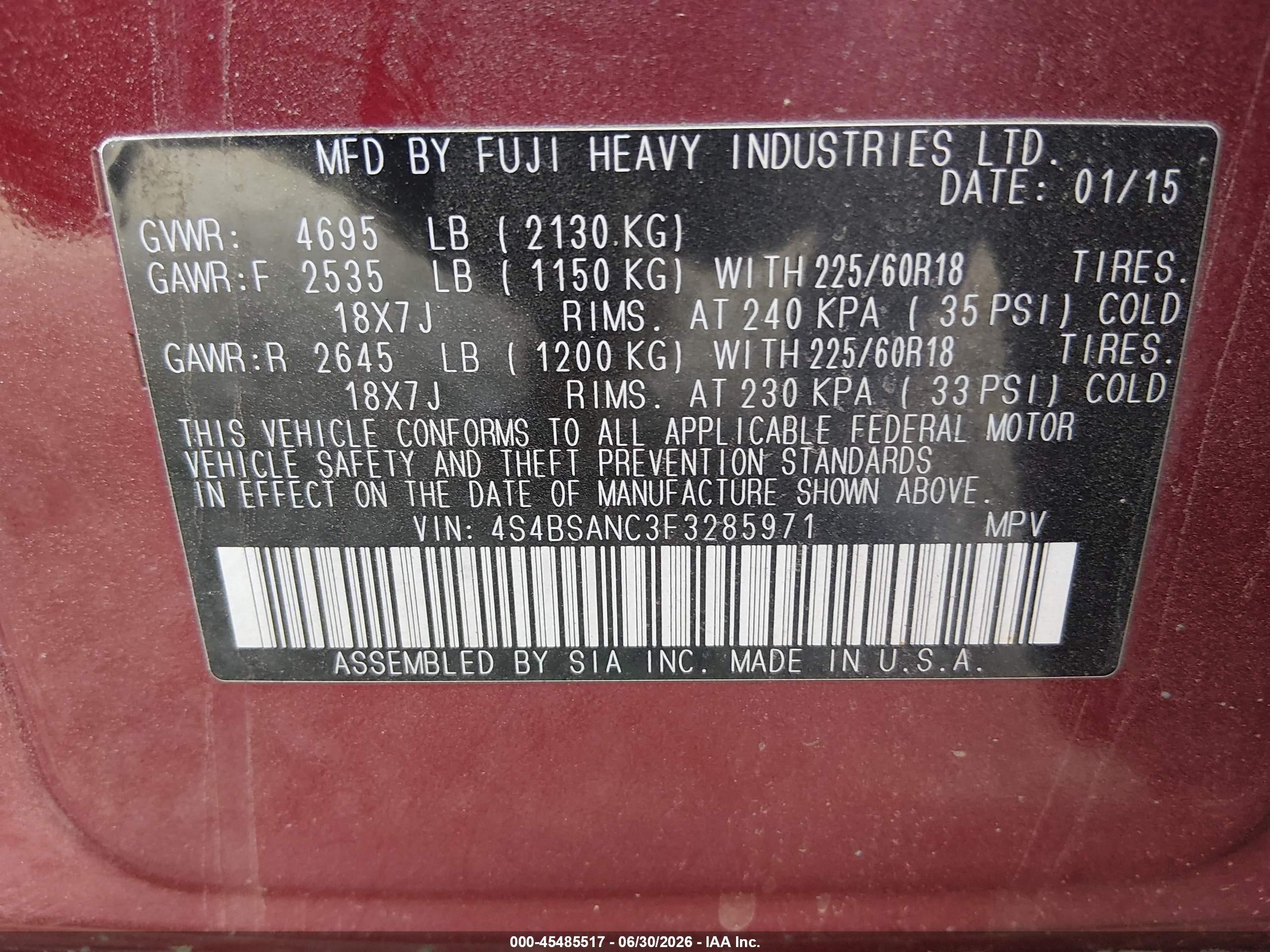 2015 Subaru Outback 2.5i Limited Red vin: 4S4BSANC3F3285971