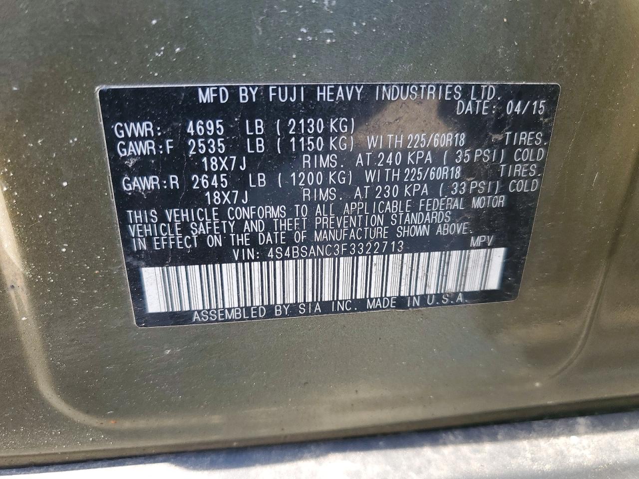 2015 Subaru Outback 2.5i Limited Green vin: 4S4BSANC3F3322713