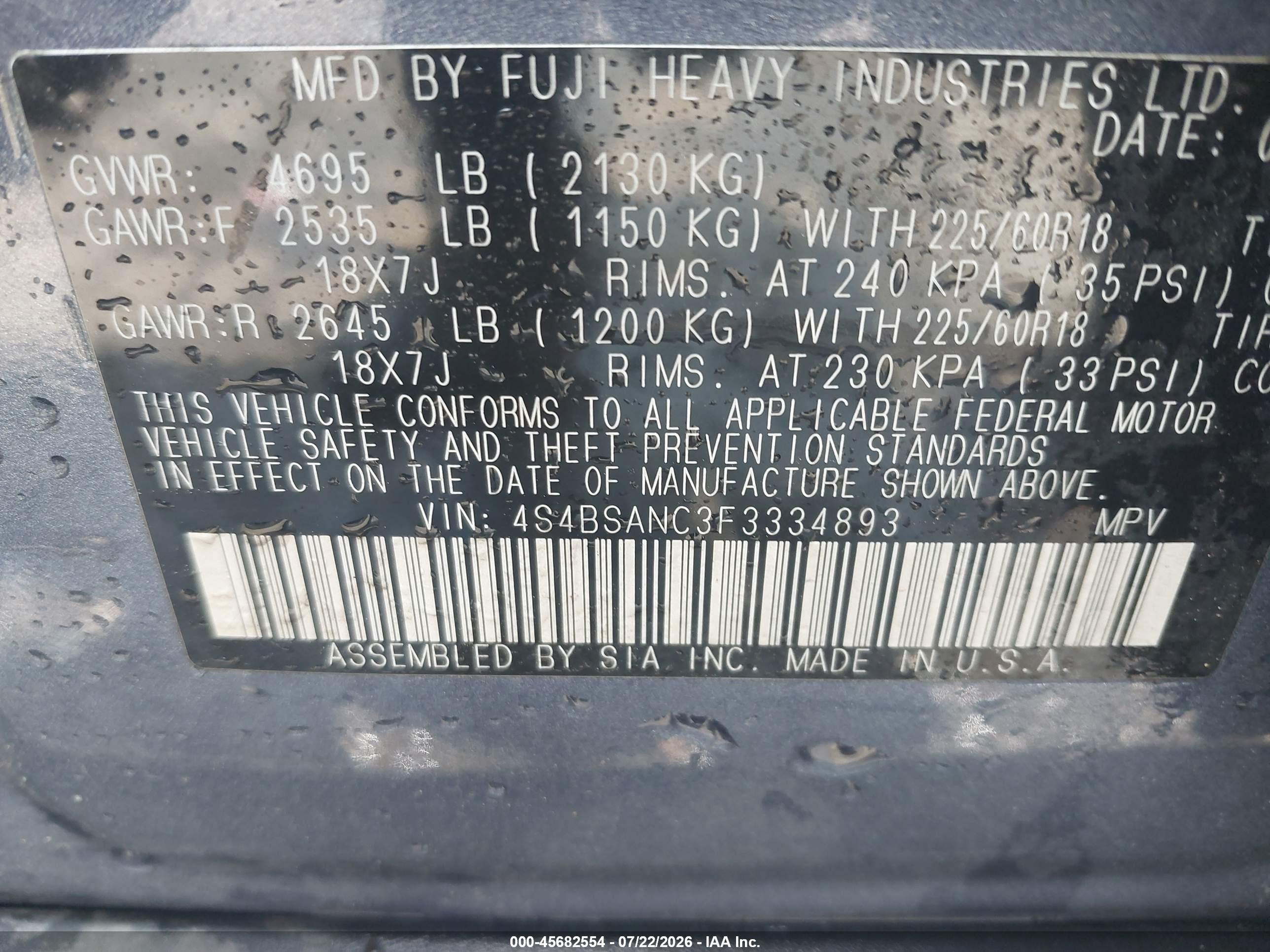2015 Subaru Outback 2.5i Limited Blue vin: 4S4BSANC3F3334893