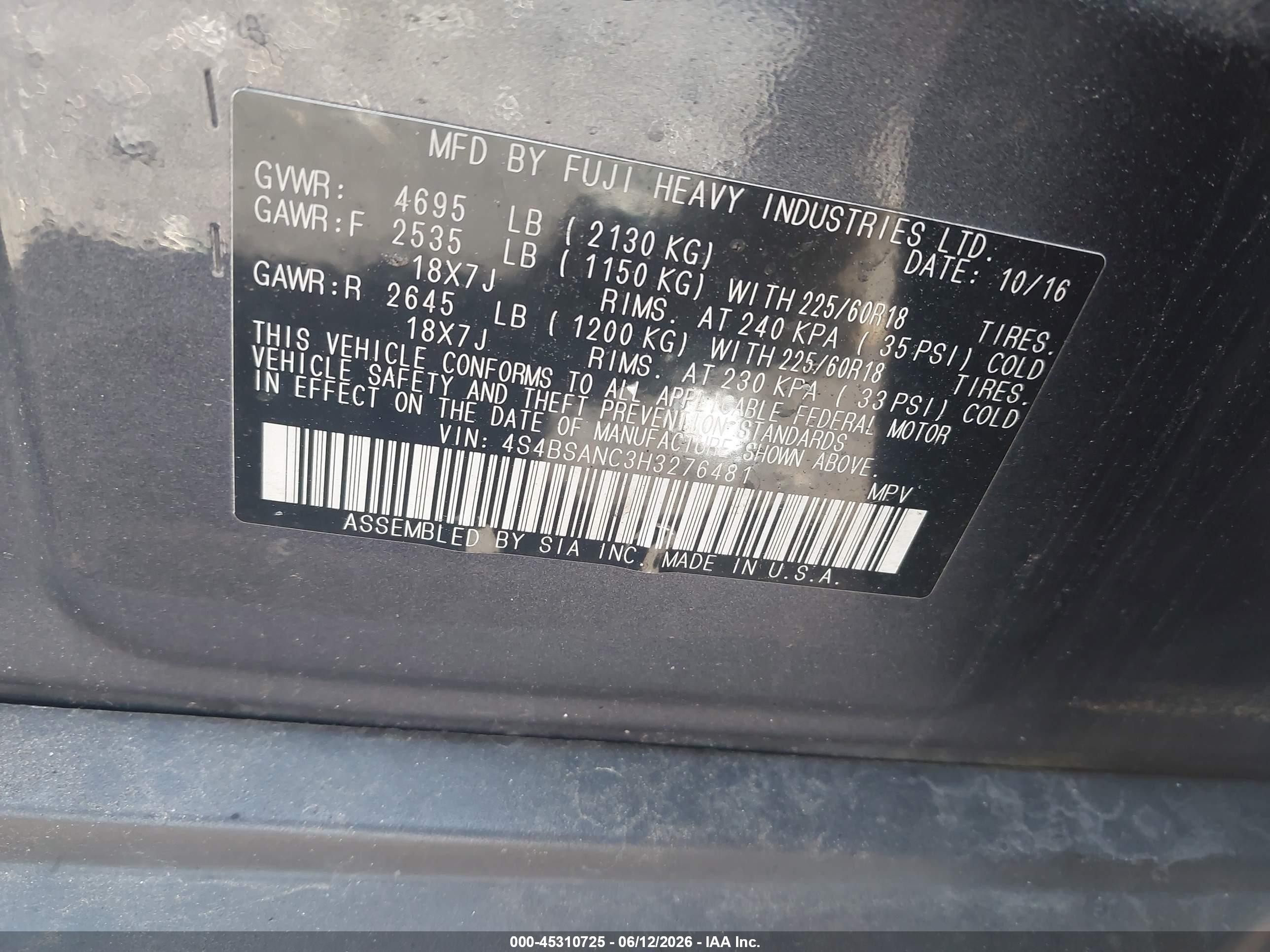 2017 Subaru Outback 2.5i Limited Gray vin: 4S4BSANC3H3276481