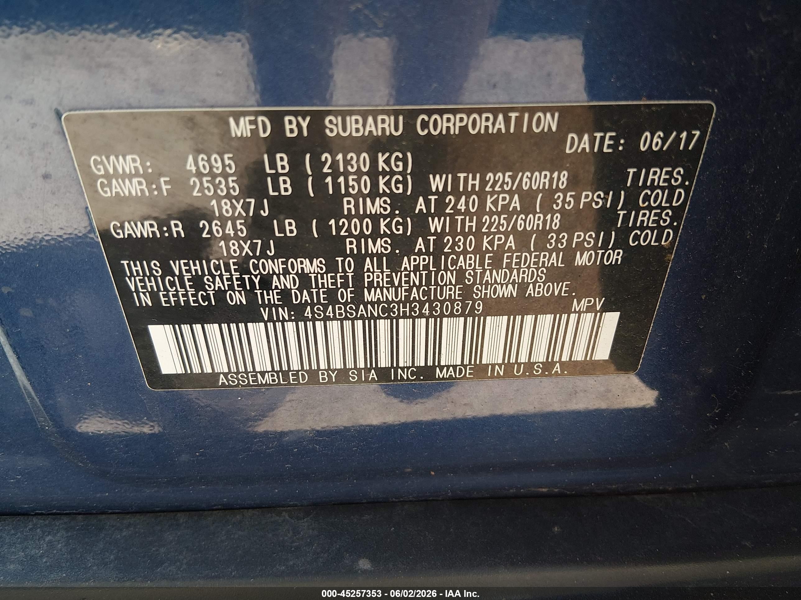 2017 Subaru Outback 2.5i Limited Синий vin: 4S4BSANC3H3430879