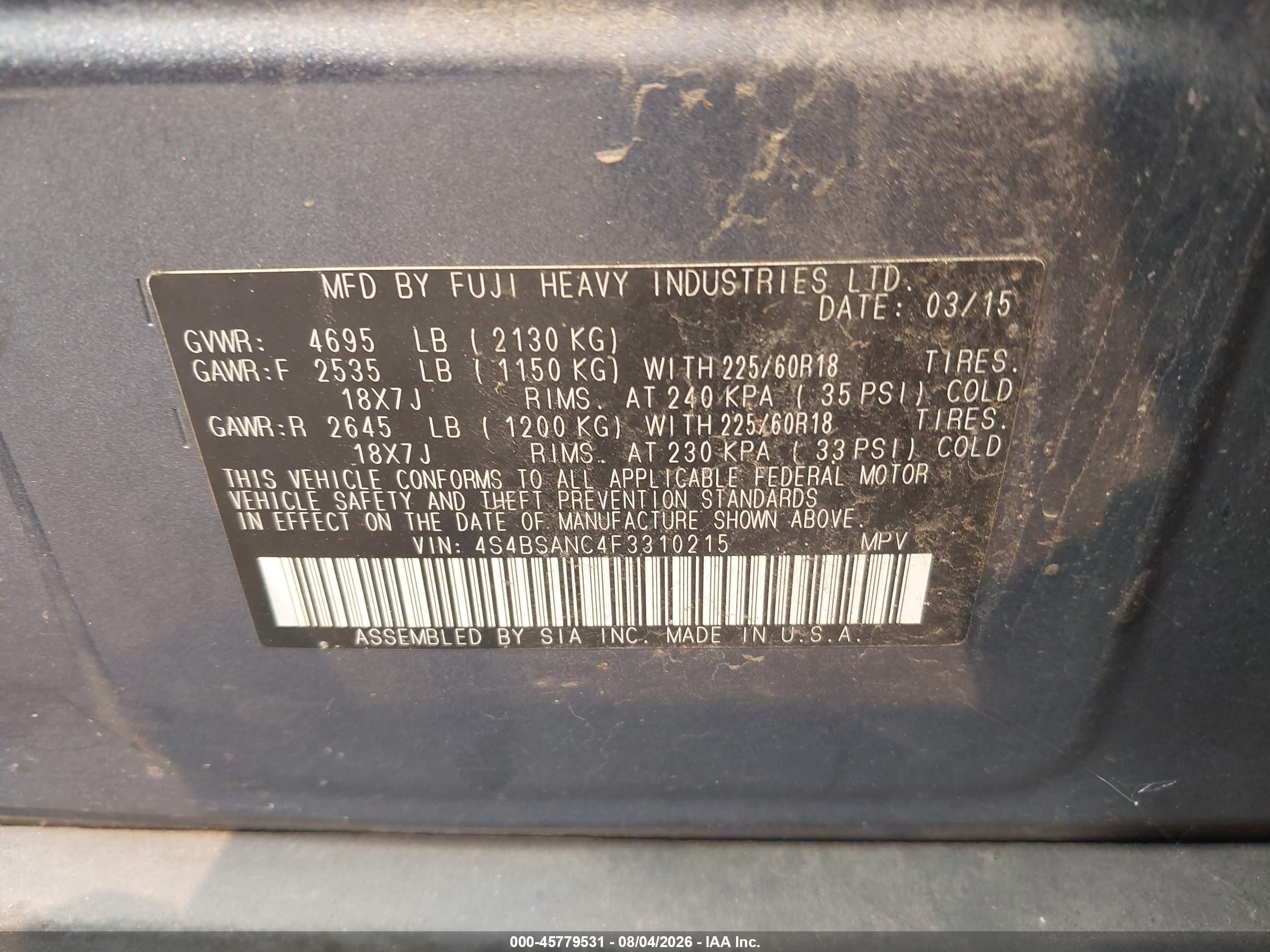 2015 Subaru Outback 2.5i Limited Blue vin: 4S4BSANC4F3310215