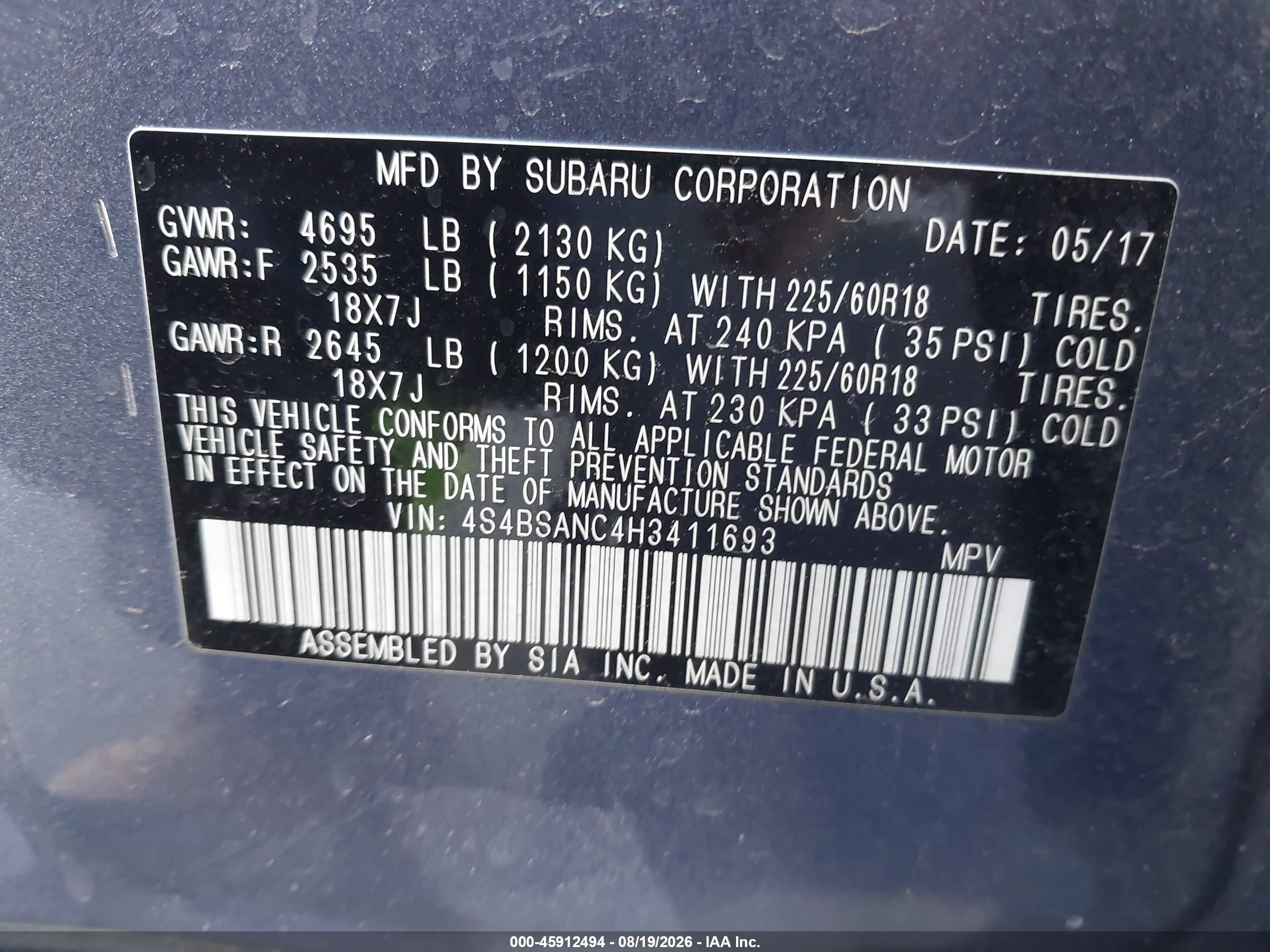 2017 Subaru Outback 2.5i Limited Blue vin: 4S4BSANC4H3411693