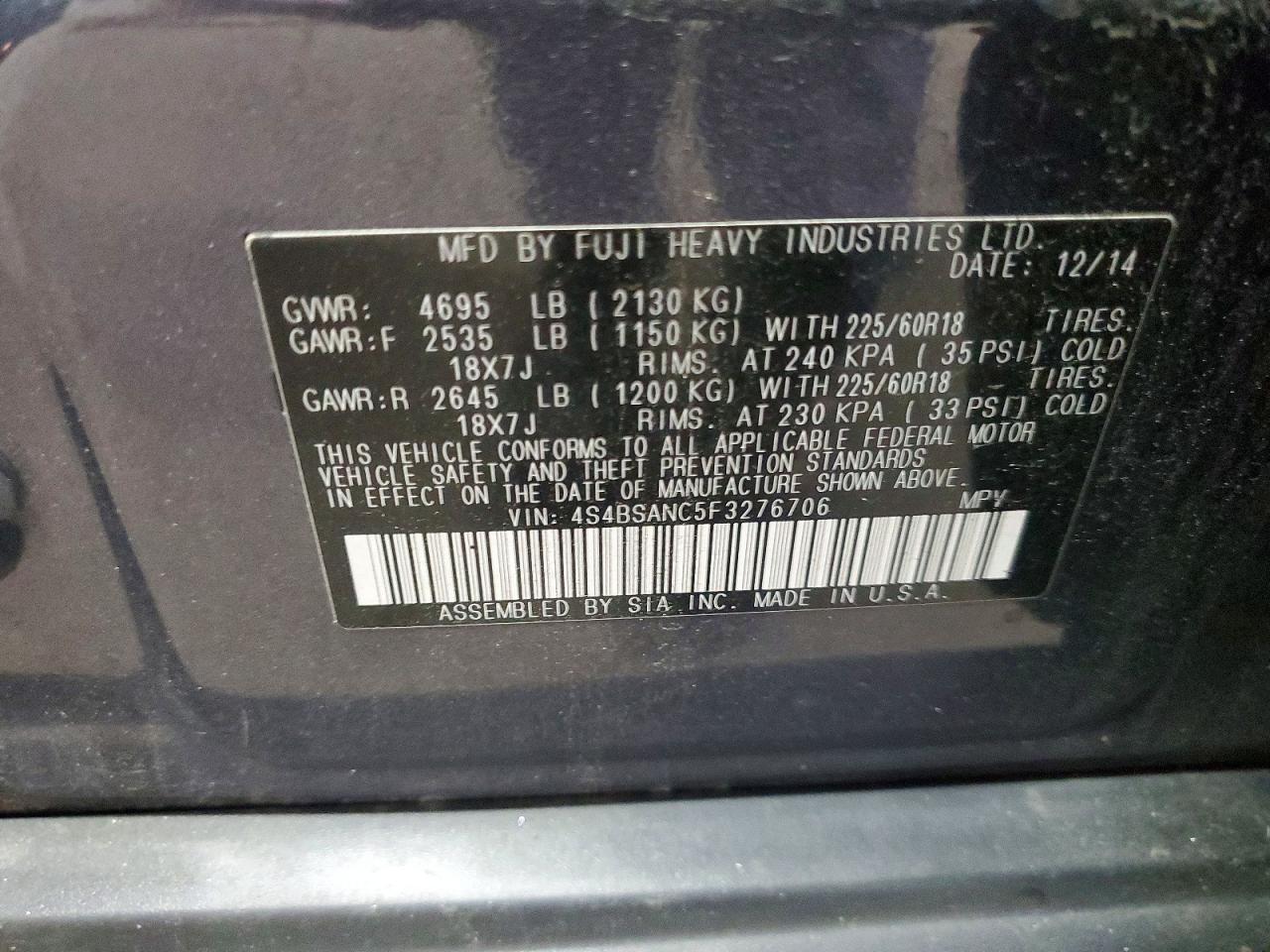 2015 Subaru Outback 2.5i Limited Charcoal vin: 4S4BSANC5F3276706