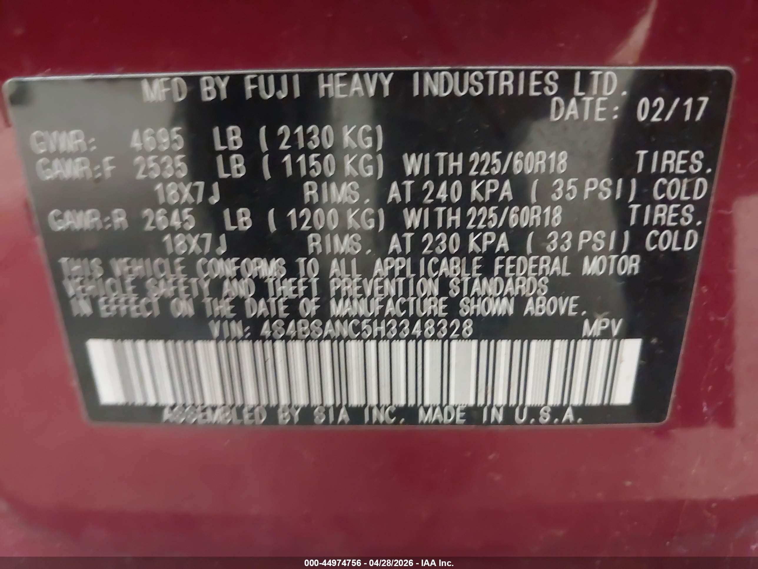 2017 Subaru Outback 2.5i Limited Red vin: 4S4BSANC5H3348328