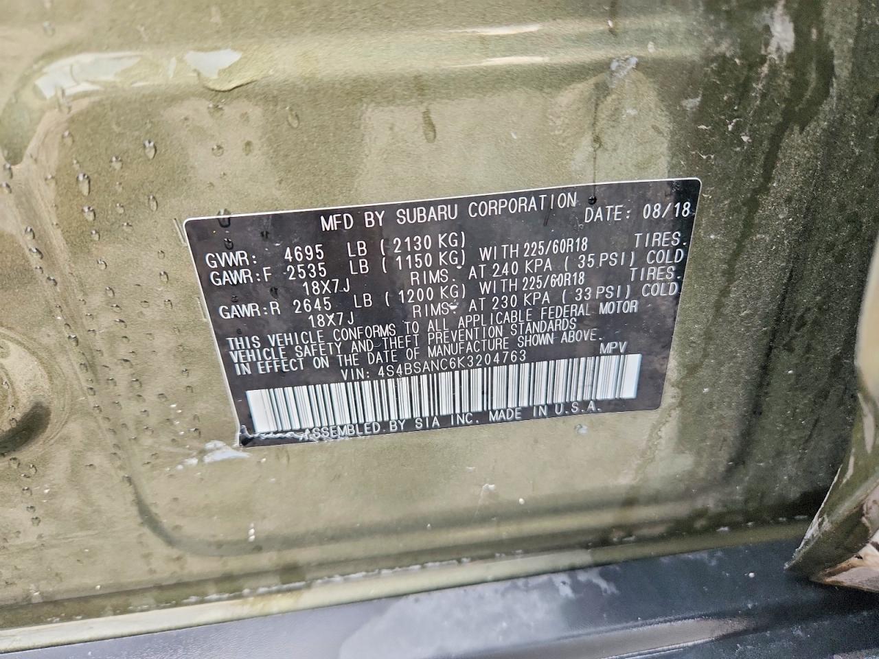 2019 Subaru Outback 2.5i Limited Green vin: 4S4BSANC6K3204763