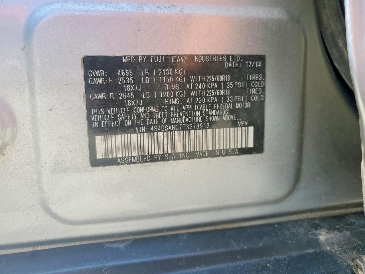 2015 Subaru Outback 2.5i Limited Серебряный vin: 4S4BSANC7F3278912