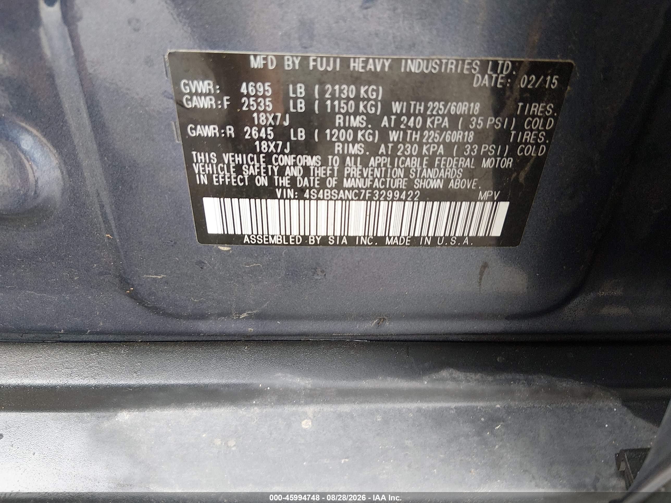 2015 Subaru Outback 2.5i Limited Blue vin: 4S4BSANC7F3299422