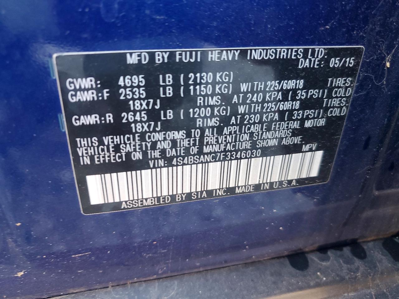 2015 Subaru Outback 2.5i Limited Blue vin: 4S4BSANC7F3346030