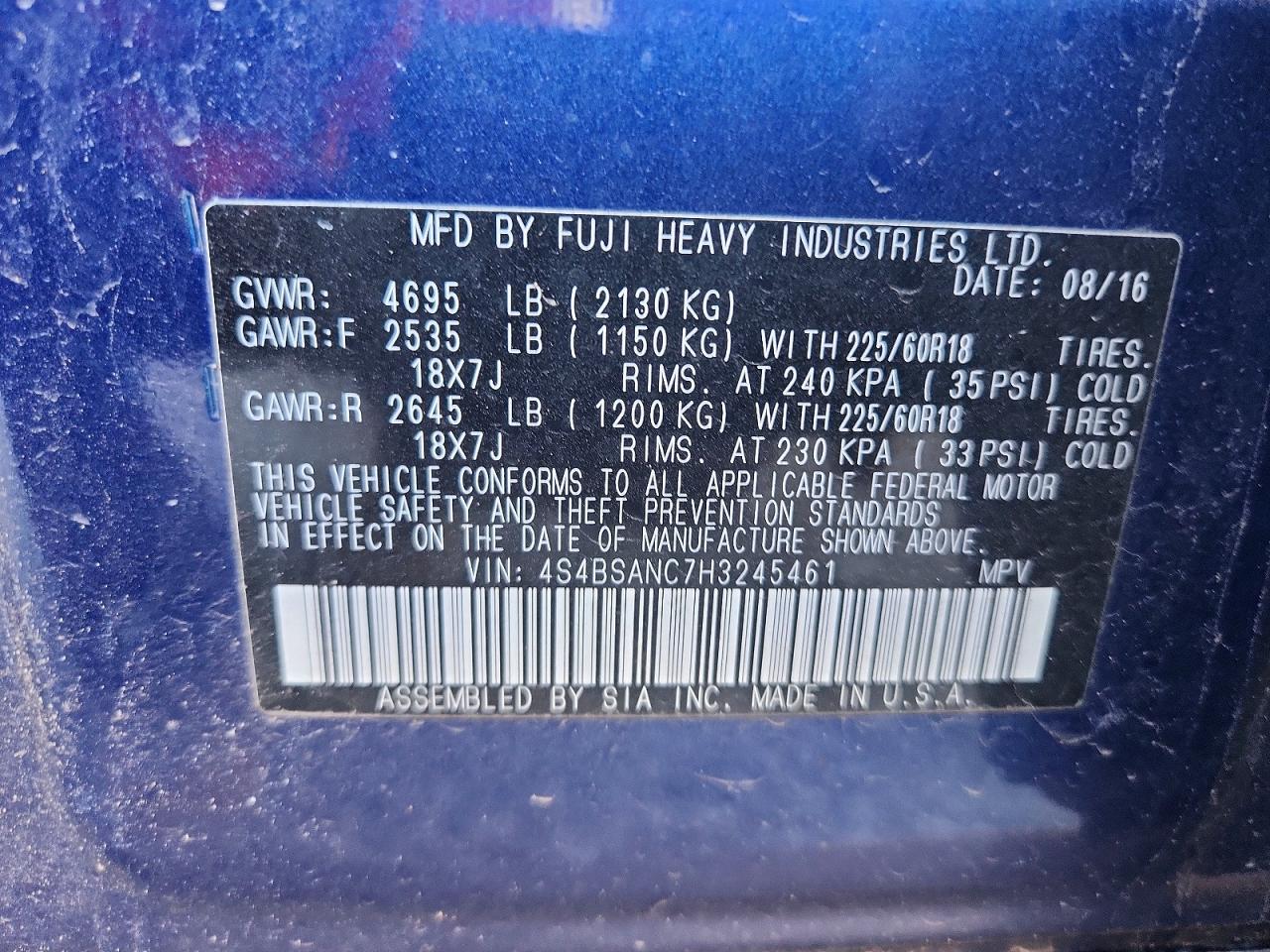2017 Subaru Outback 2.5i Limited Blue vin: 4S4BSANC7H3245461