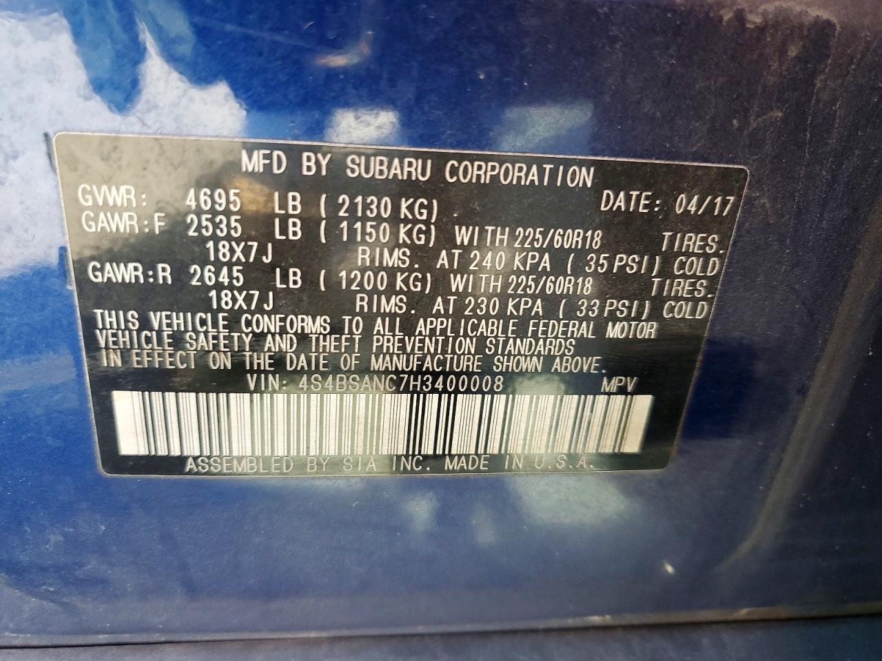 2017 Subaru Outback 2.5i Limited Blue vin: 4S4BSANC7H3400008