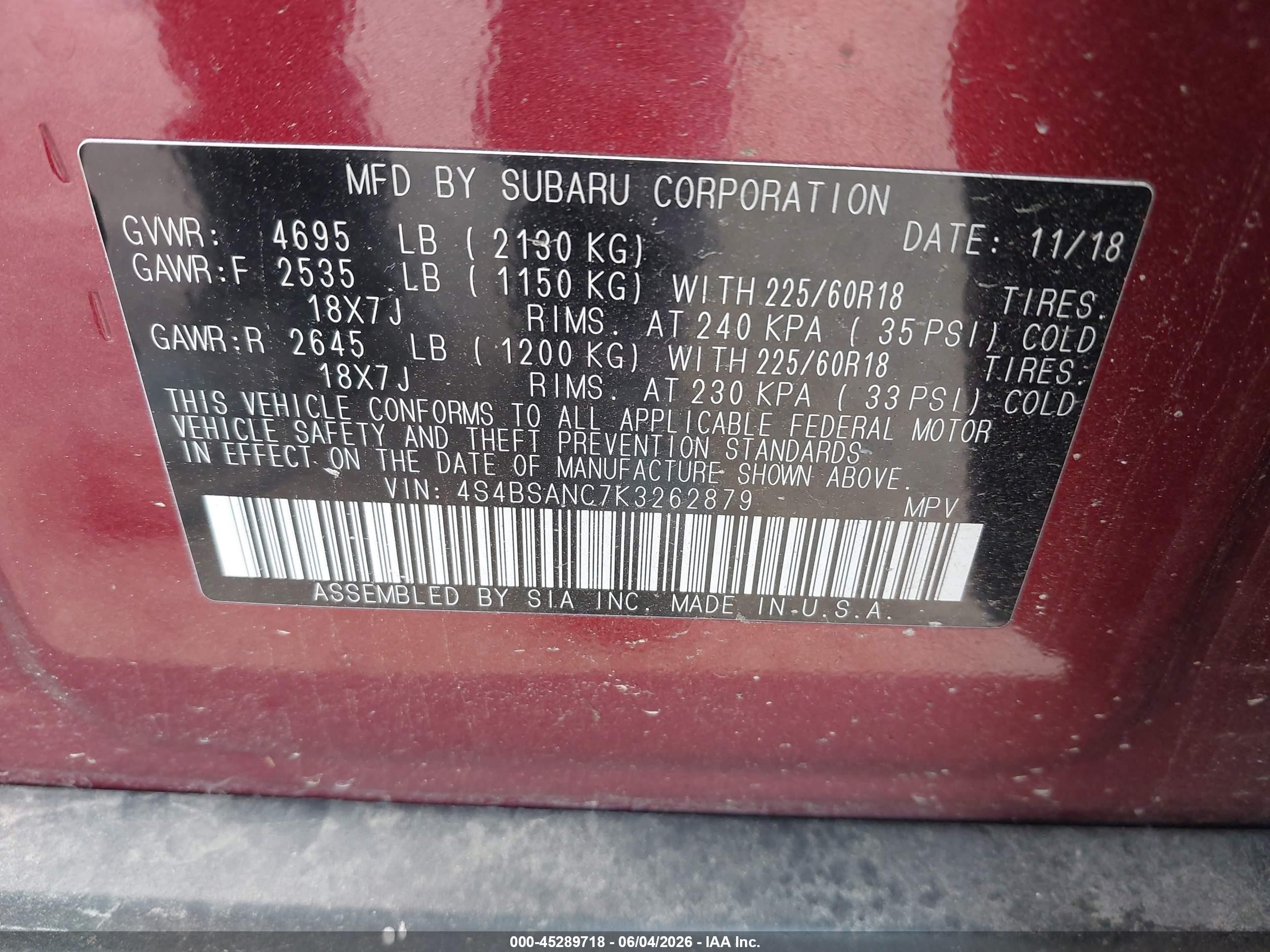2019 Subaru Outback 2.5i Limited Red vin: 4S4BSANC7K3262879