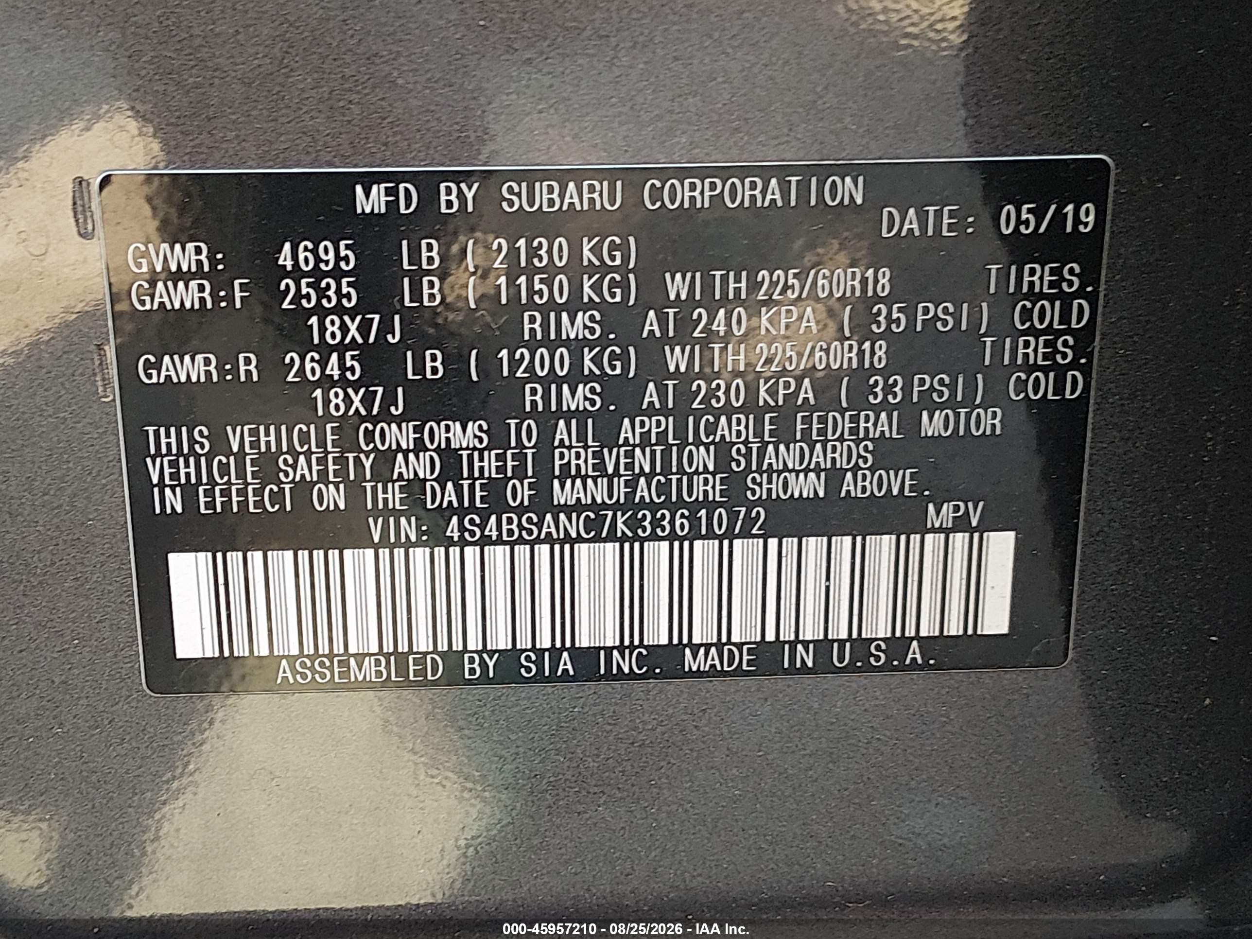 2019 Subaru Outback 2.5i Limited Gray vin: 4S4BSANC7K3361072