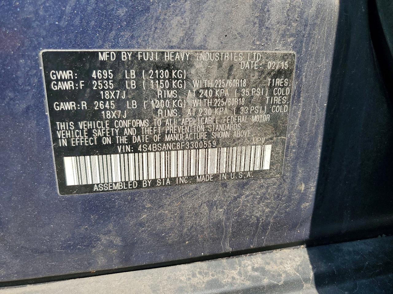 2015 Subaru Outback 2.5i Limited Blue vin: 4S4BSANC8F3300559