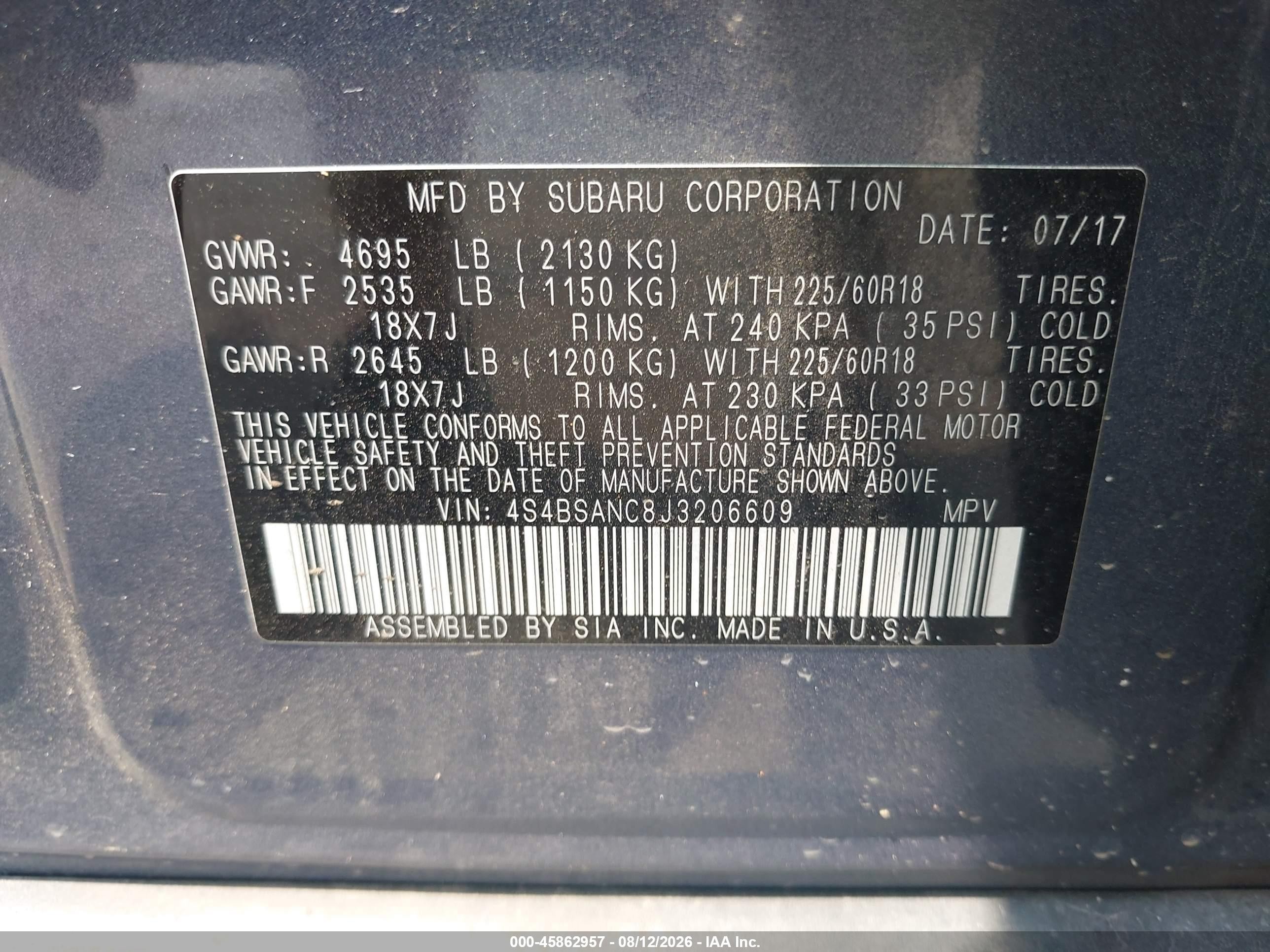 2018 Subaru Outback 2.5i Limited Blue vin: 4S4BSANC8J3206609