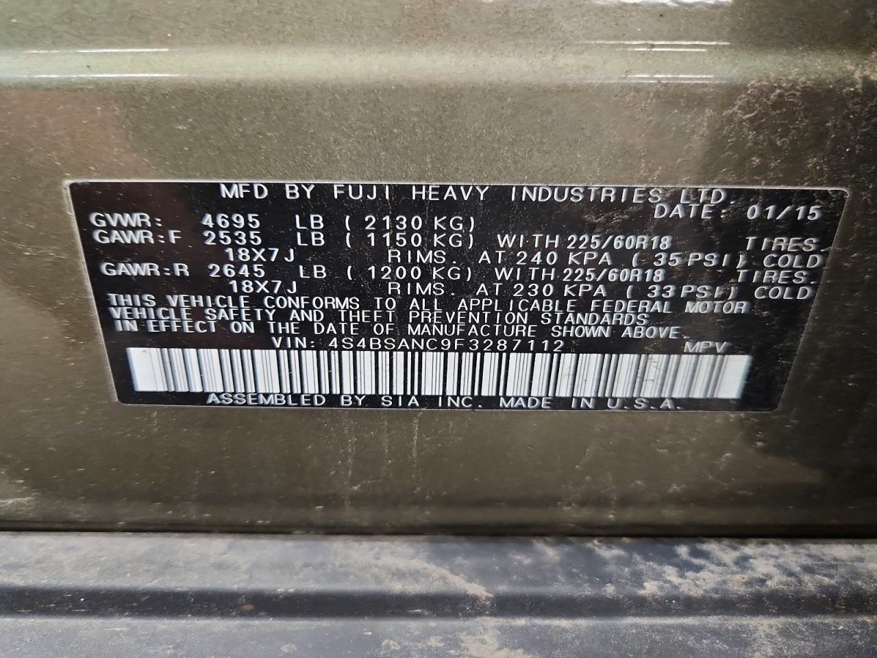 2015 Subaru Outback 2.5i Limited Green vin: 4S4BSANC9F3287112